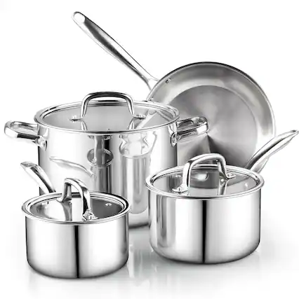 Front. Cook N Home - Classic S/S Tri-ply Clad 7pc cookware set, Sauce & Frying pan, Stockpot w/Glass Lid, Induction Dishwasher and Oven Safe - stainless steeel.