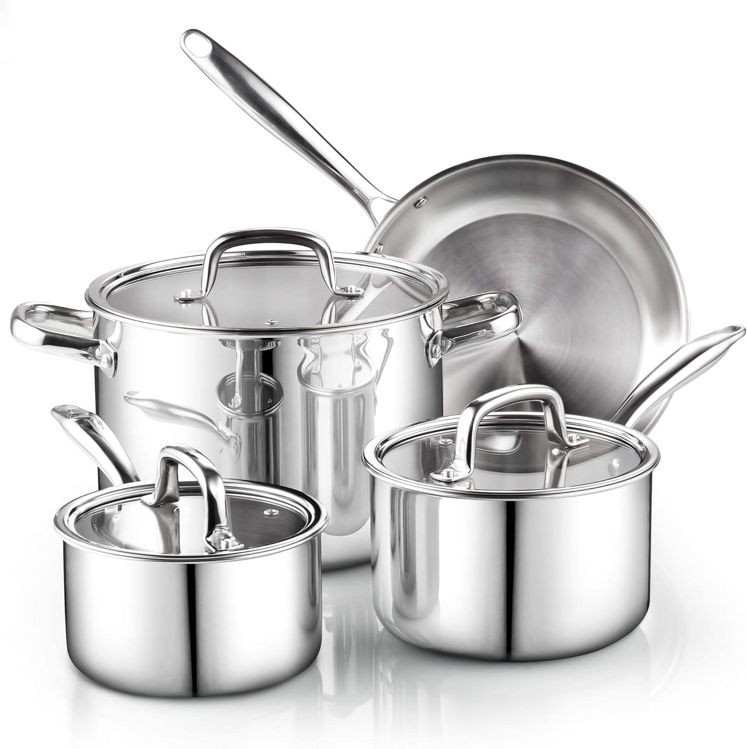 Front. Cook N Home - Classic S/S Tri-ply Clad 7pc cookware set, Sauce & Frying pan, Stockpot w/Glass Lid, Induction Dishwasher and Oven Safe - stainless steeel.