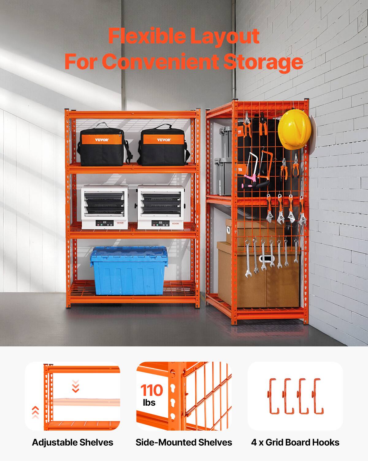 Flexible Layout For Convenient Storage : VEVOR : VEVOR C . PPPTTTT :  ..- PRPPRPPER  1 110 lbs Adjustable Shelves Side-Mounted Shelves 4 x Grid Board Hooks