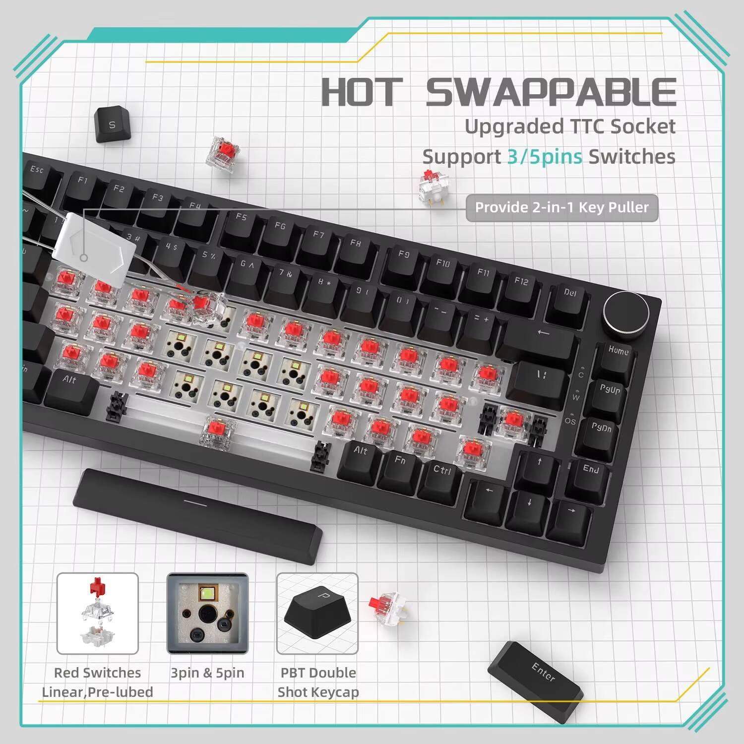 HOT SWAPPABLE  
Upgraded TTC Socket Support 3/5pins Switches  
Provide 2-in-1 Key Puller  

Red Switches  
Linear, Pre-lubed  

3pin & 5pin  

PBT Double Shot Keycap  

ESC de a 1 F1 O S F2 3 39 F3 FNL 5 F5 G GA HOT SWAPPABLE Upgraded TTC Socket Support 3/5pins Switches Provide 2-in-1 Key Puller FG F7 FR FD FM 1 7 F11 F12 9 I Dus I = in Alt : C W Home PyUe Alt Fn Ctri os PyDh I End a P Red Switches 3pin & 5pin Linear Pre-lubed PBT Double Shot Keycap Enter