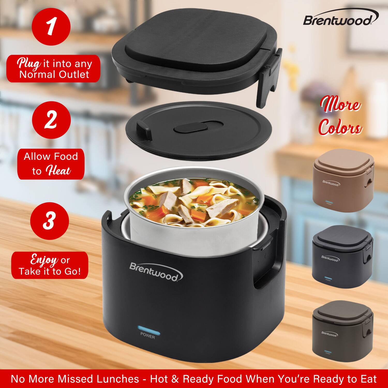 1. Plug it into any Normal Outlet

2. Allow Food to Heat

3. Enjoy or Take it to Go!

More Colors

No More Missed Lunches - Hot & Ready Food When You're Ready to Eat