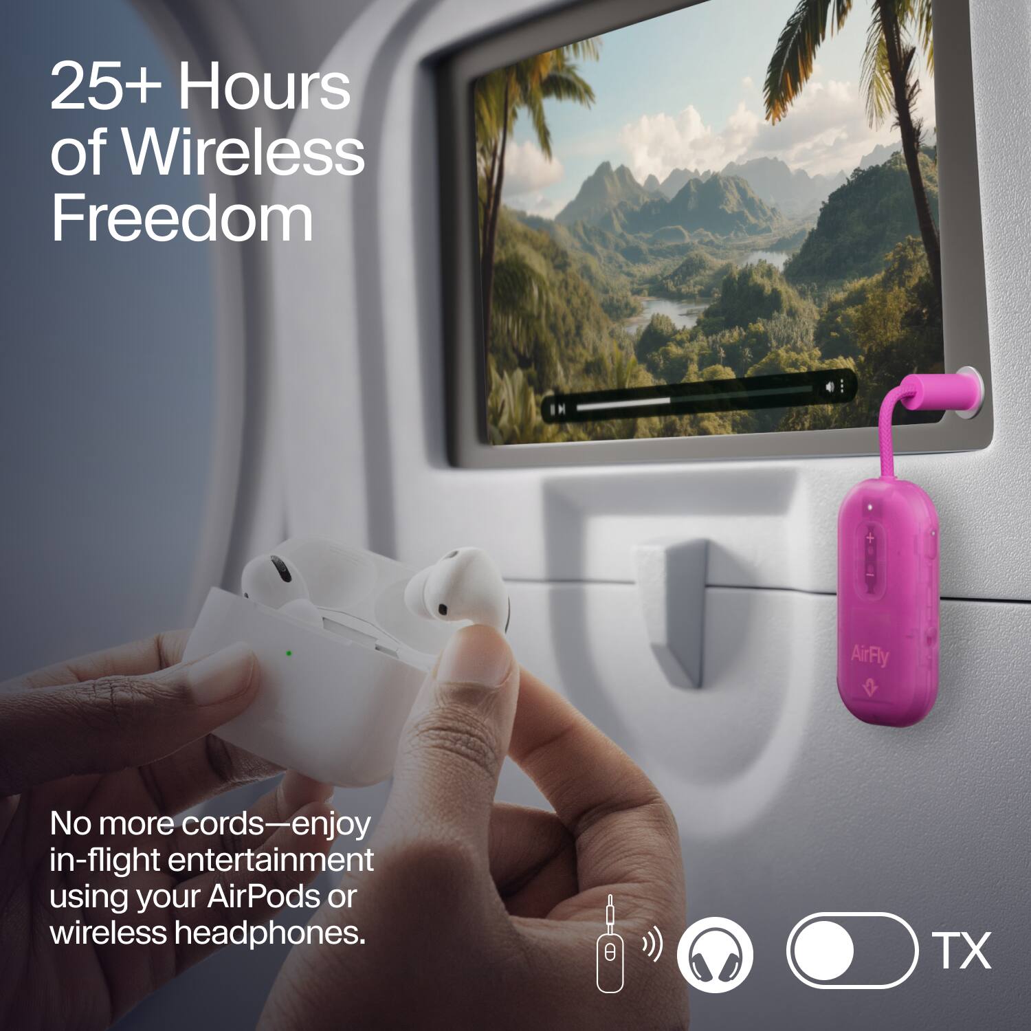 25+ Hours of Wireless Freedom

AirFly

No more cords—enjoy in-flight entertainment using your AirPods or wireless headphones.

TX
