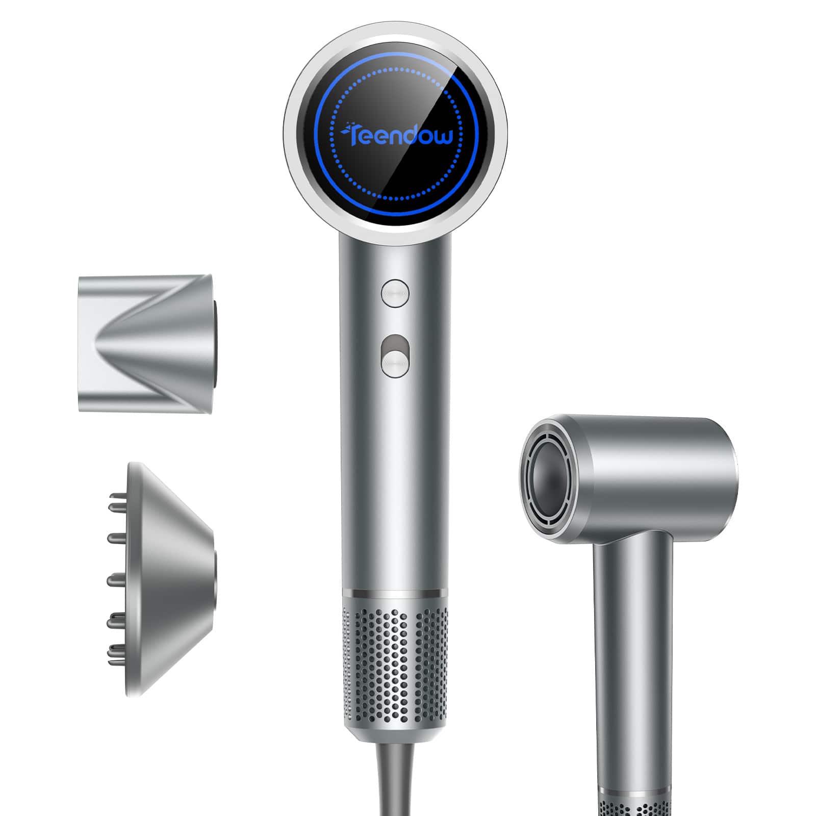 Front. Teendow - 1500W Professional Ionic Hair Dryer, 150,000 RPM High-Speed Brushless Motor, 500M Negative Ions, Lightweight - Silver.
