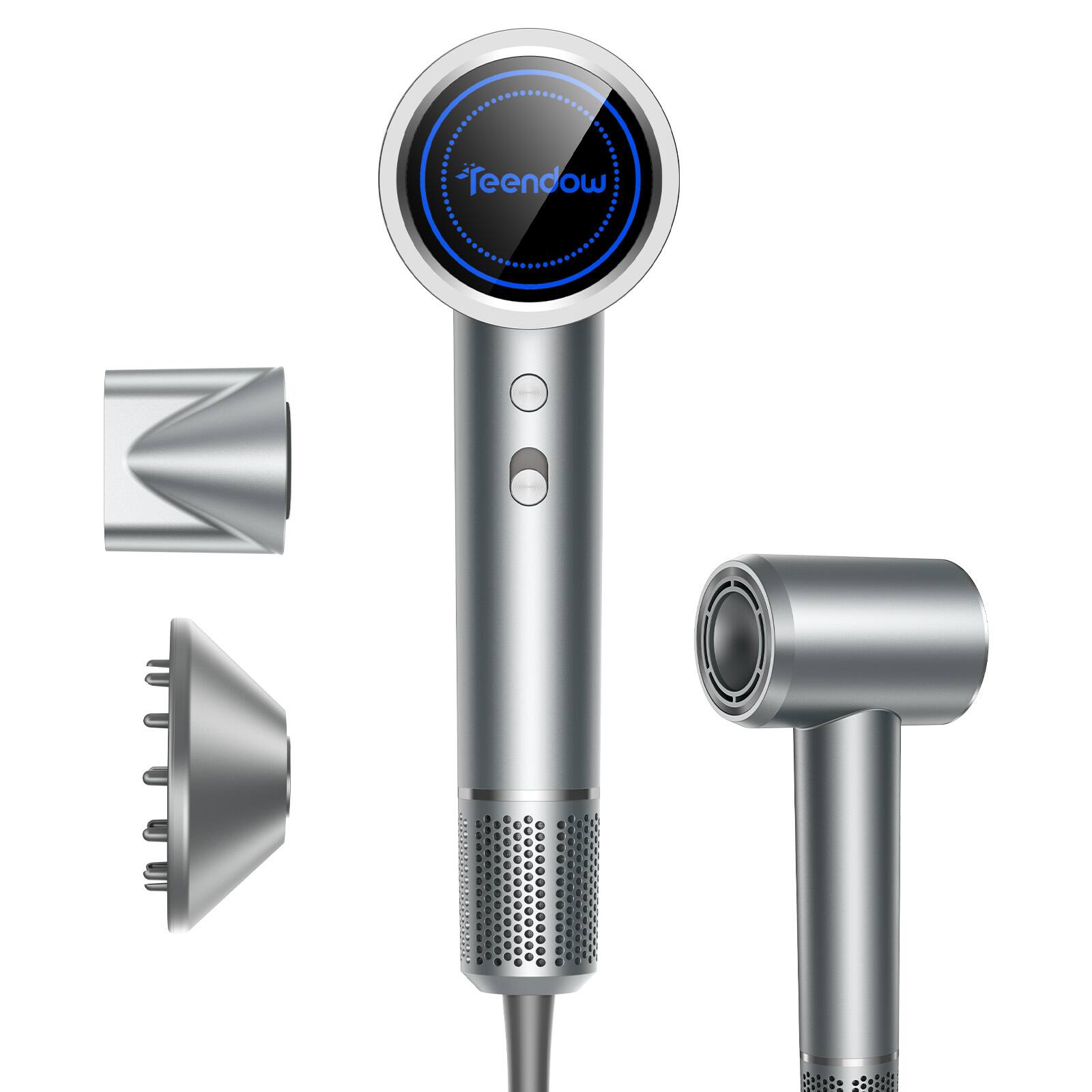 Front. Teendow - 1500W Professional Ionic Hair Dryer, 150,000 RPM High-Speed Brushless Motor, 500M Negative Ions, Lightweight - Silver.
