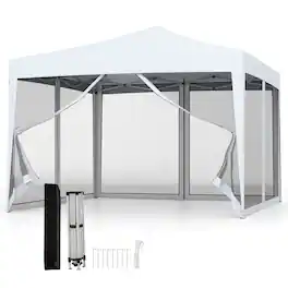 Gymax - 10 FT x 10 FT Pop-Up Canopy Tent w/ Mesh Netting Carry Bag 8 Stakes & 4 Ropes Outdoor - White