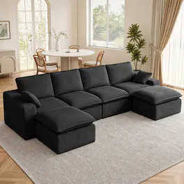 Dyonery - 137" L-Shaped Modern Sofa Modular Sectional Cloud Couch, 4-Seat Corduory Deep Seat Sofa with 6 Cushion - Black