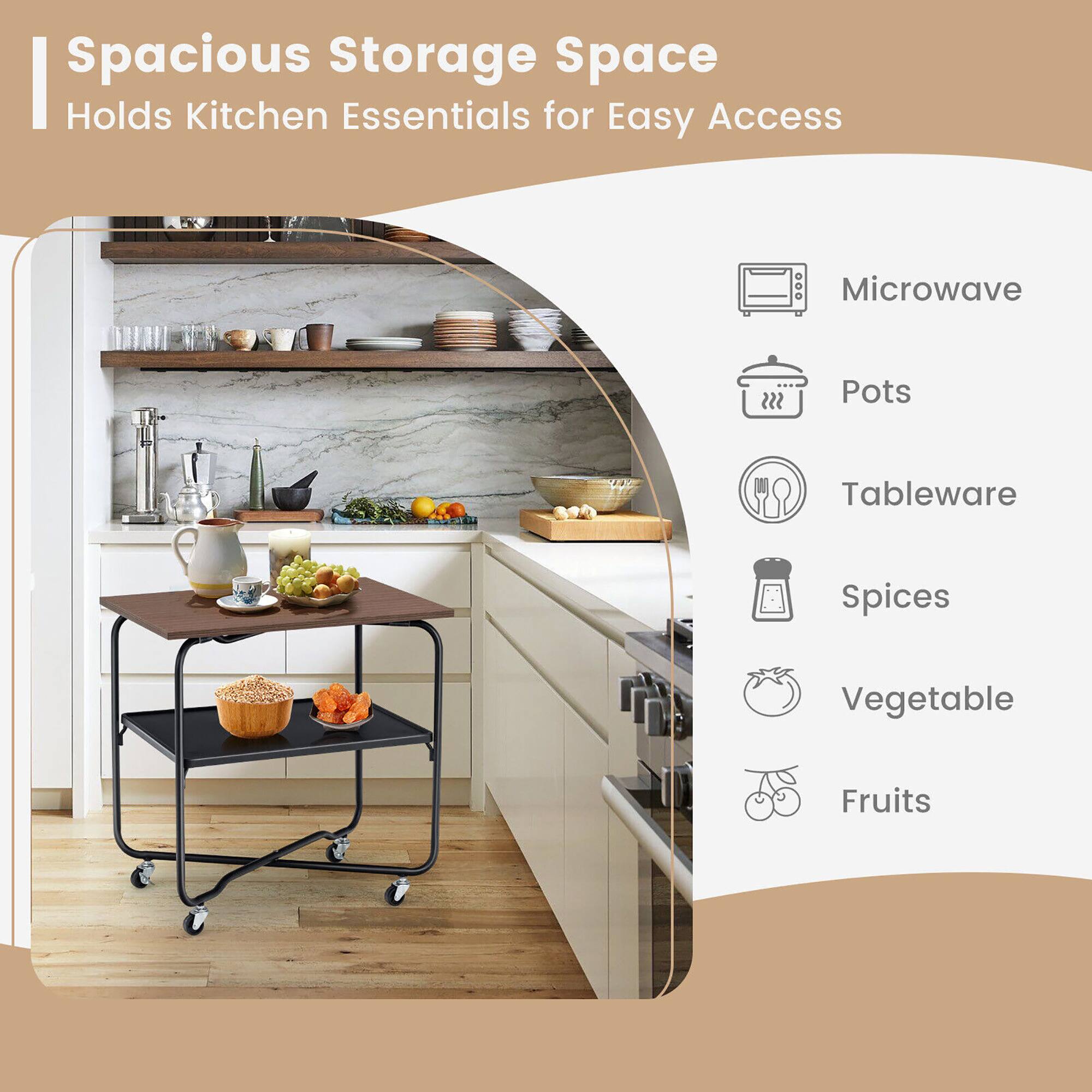 Spacious Storage Space  
Holds Kitchen Essentials for Easy Access

- Microwave
- Pots
- Tableware
- Spices
- Vegetable
- Fruits