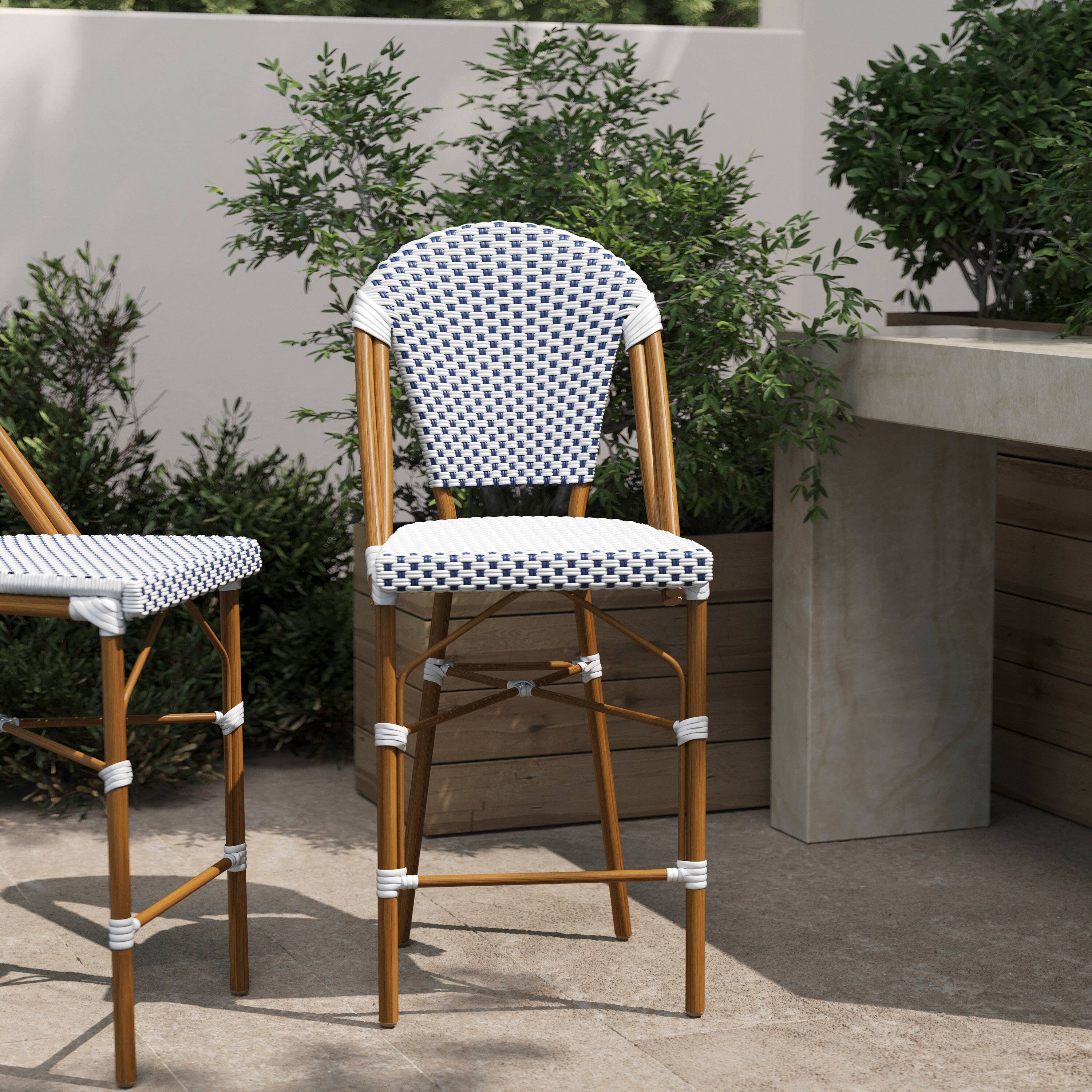 Alt View 1. Flash Furniture - Lourdes Stackable Indoor/Outdoor Bistro 26" High Counter Height Stool, Commercial Grade, White/Navy and Bamboo Finish - Blue.