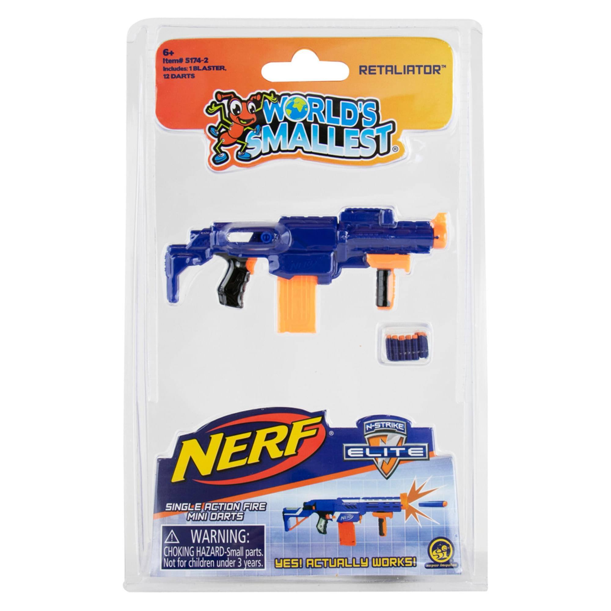 6+ Itema ST74-2 Includes 1 BLASTER, 12 DARTS  
WORLD'S SMALLEST  
N-STRIKE NERF ELITE SINGLE ACTION FIRE MINI DARTS  
WARNING: CHOKING HAZARD-Small parts. Not for children under 3 years.  
YES! ACTUALLY WORKS!