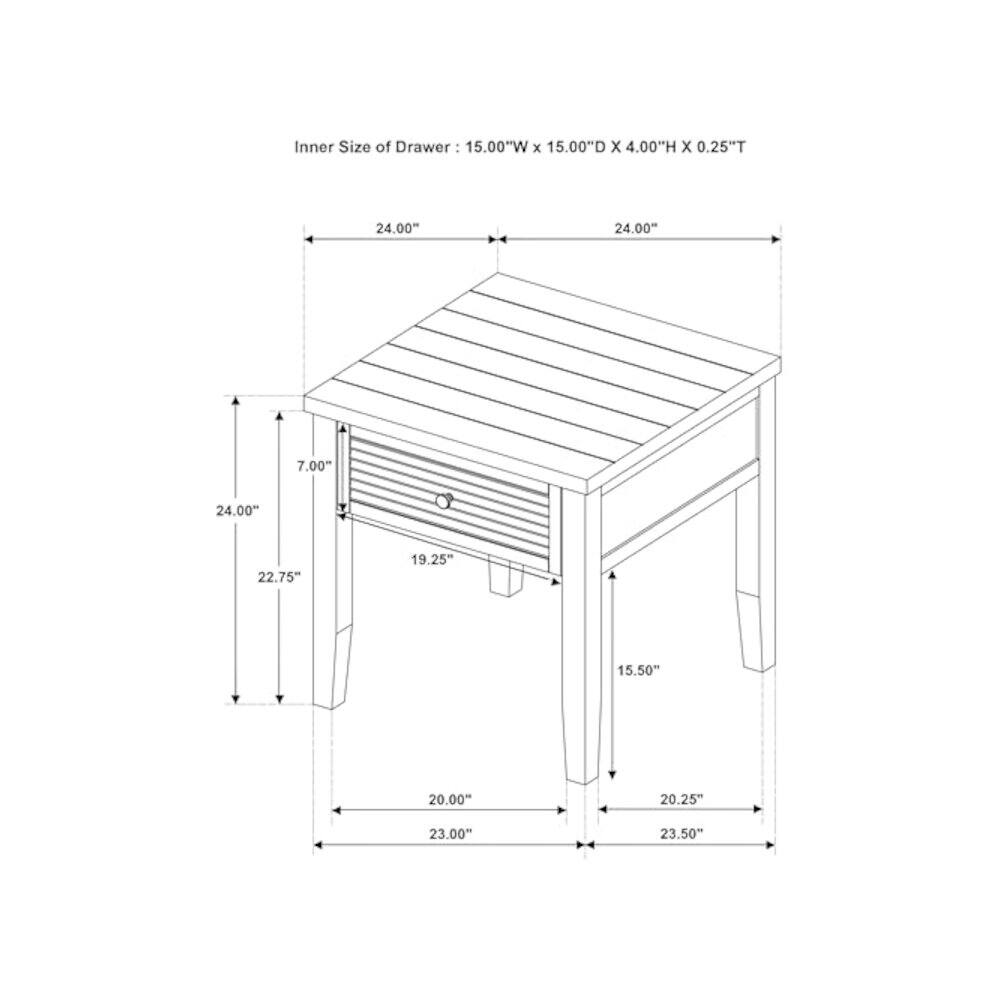 Inner Size of Drawer: 15.00"W x 15.00"D x 4.00"H x 0.25"T

24.00" 24.00" 7.00" 24.00" 22.75" 19.25" 15.50" 20.00" 20.25" 23.00" 23.50"