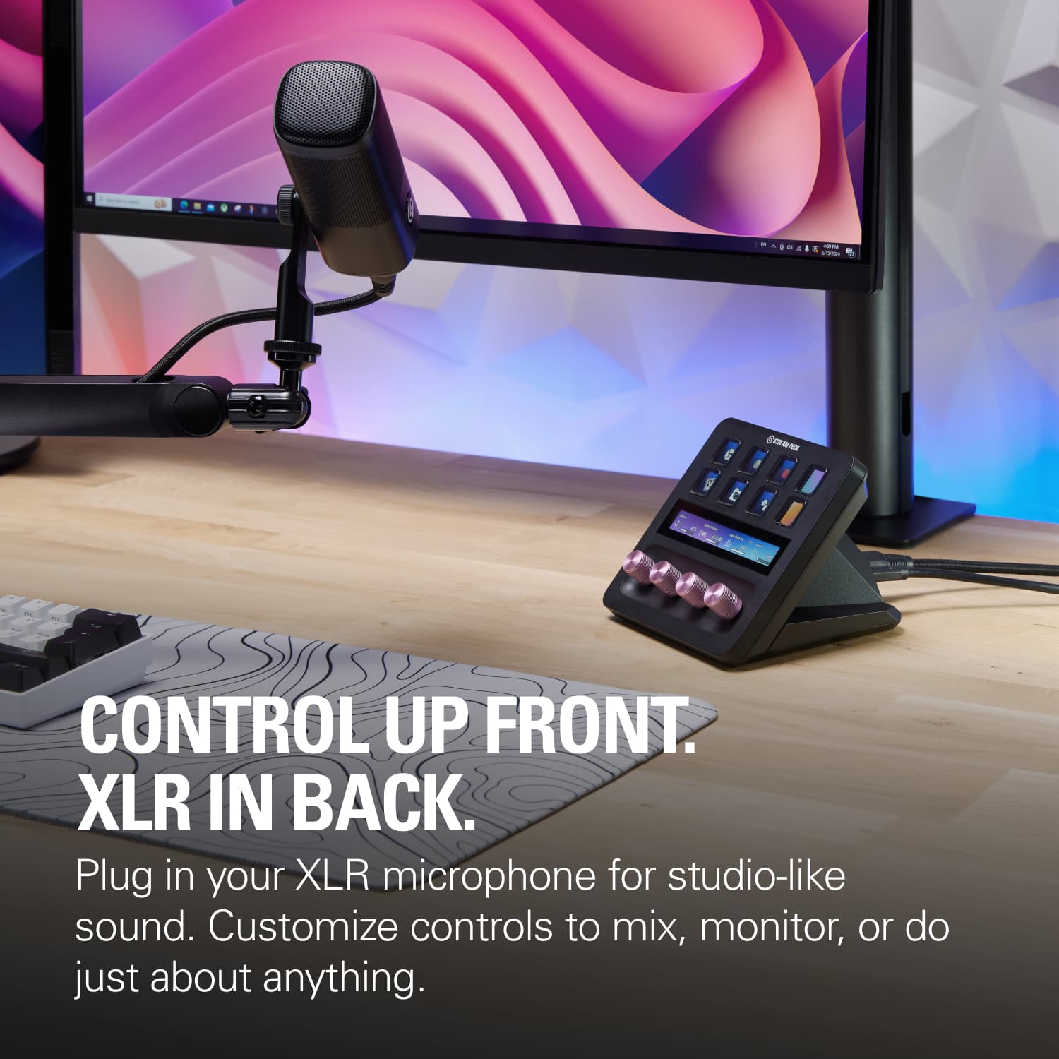 Control Up Front. XLR In Back. Plug in your XLR microphone for studio-like sound. Customize controls to mix, monitor, or do just about anything.