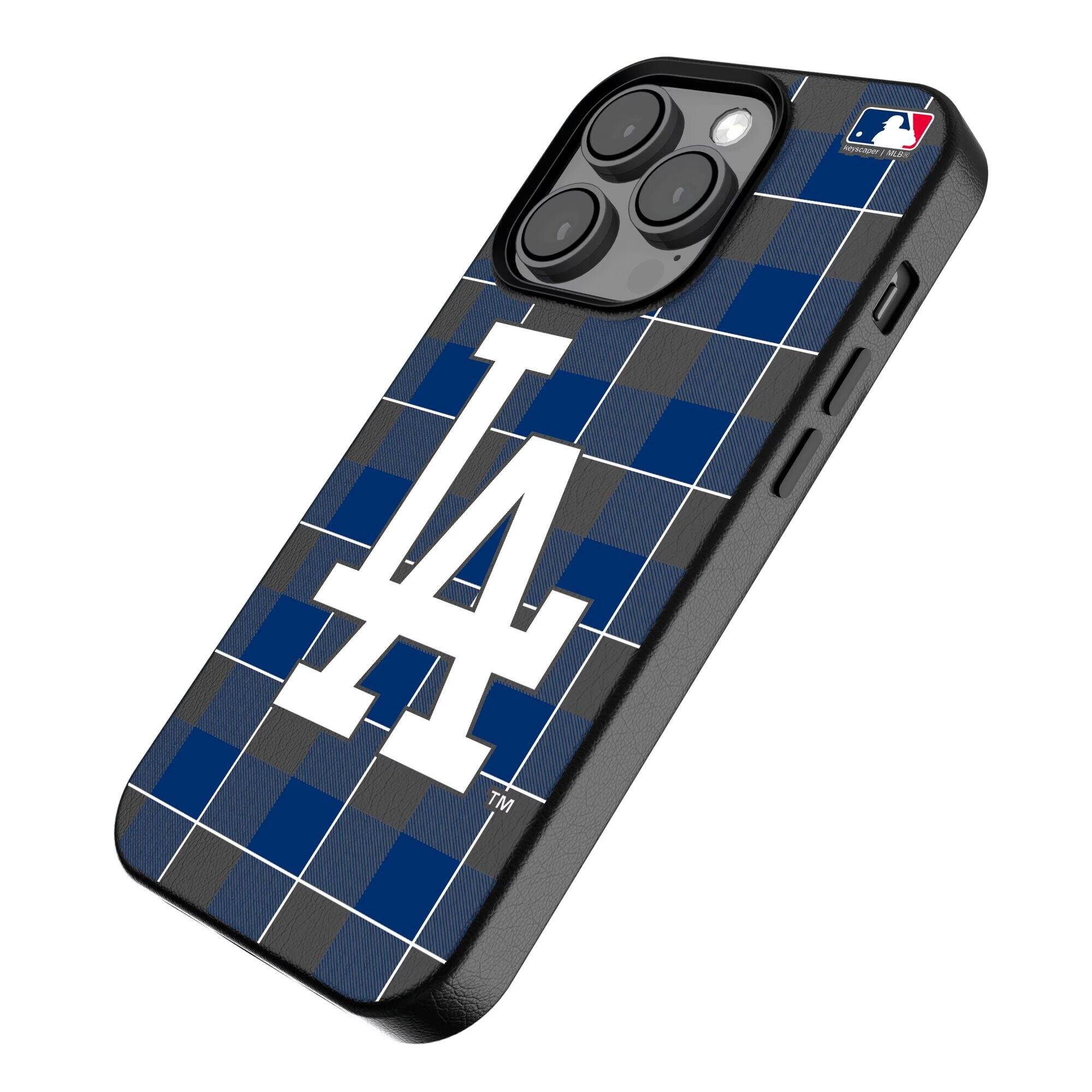 Alt View 1. Keyscaper - Los Angeles Dodgers Plaid Magnetic Bump iPhone Case - 15 - Black.