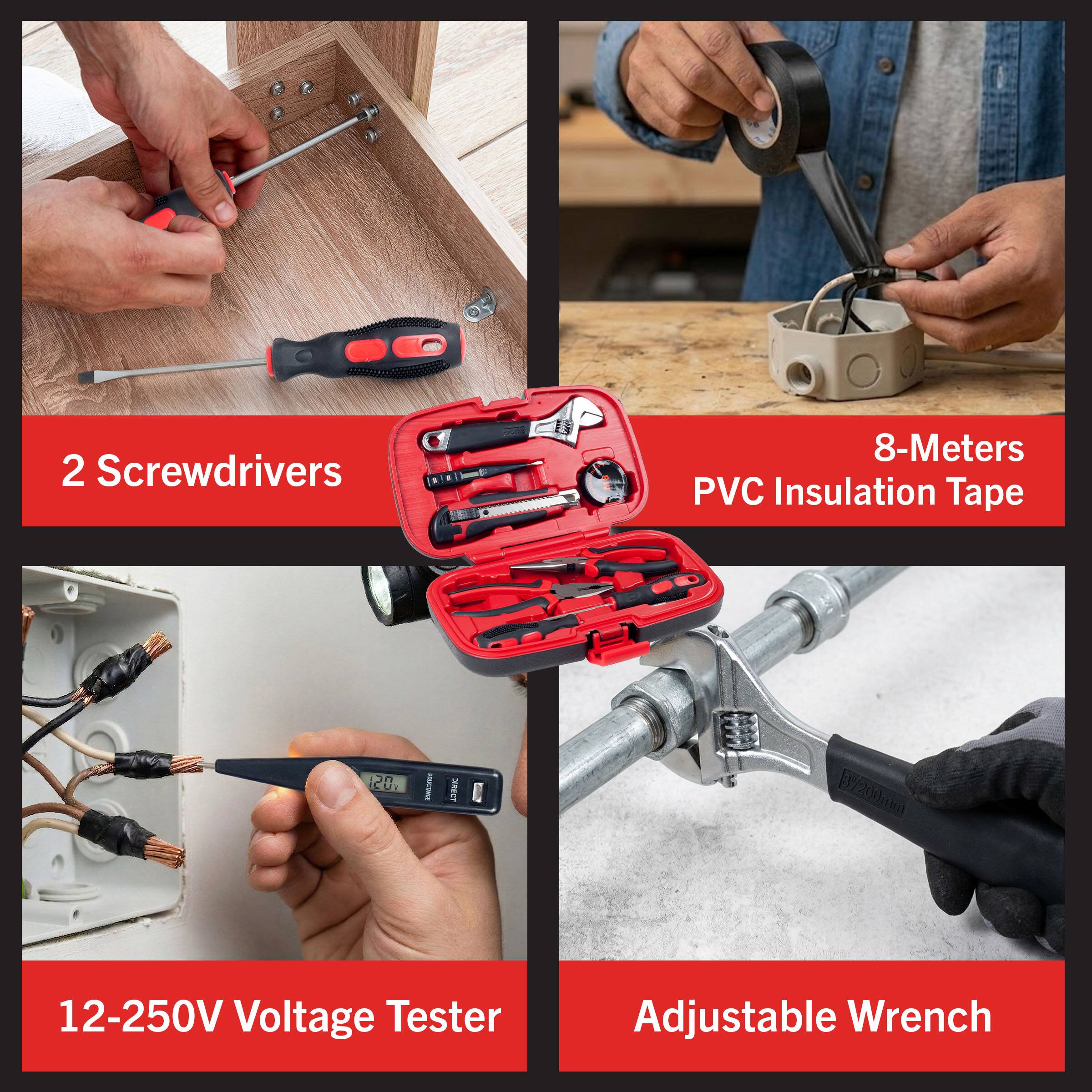 2 Screwdrivers  
8-Meters PVC Insulation Tape  
12-250V Voltage Tester  
Adjustable Wrench