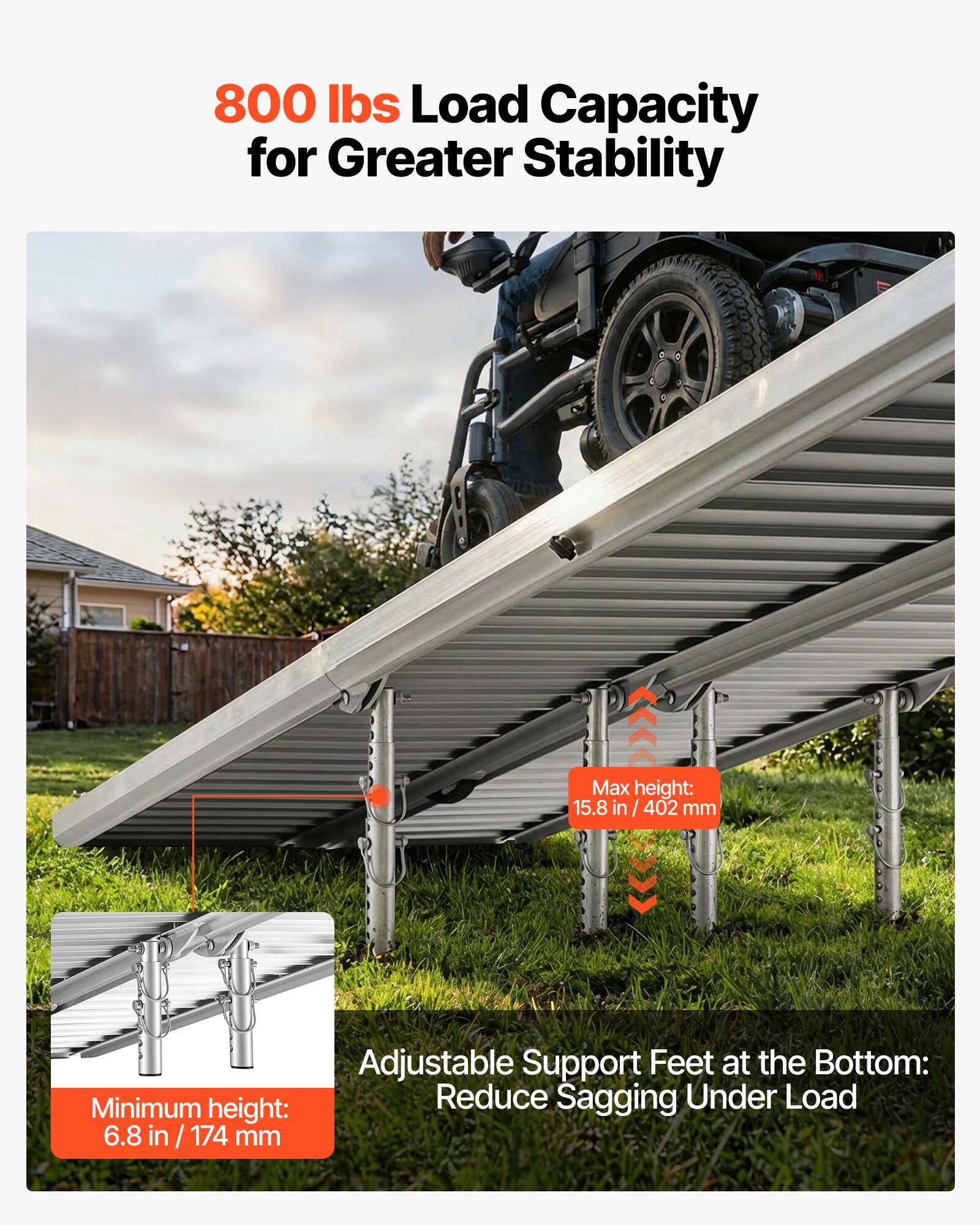 800 lbs Load Capacity for Greater Stability

Max height: 15.8 in / 402 mm

Adjustable Support Feet at the Bottom: Reduce Sagging Under Load

Minimum height: 6.8 in / 174 mm