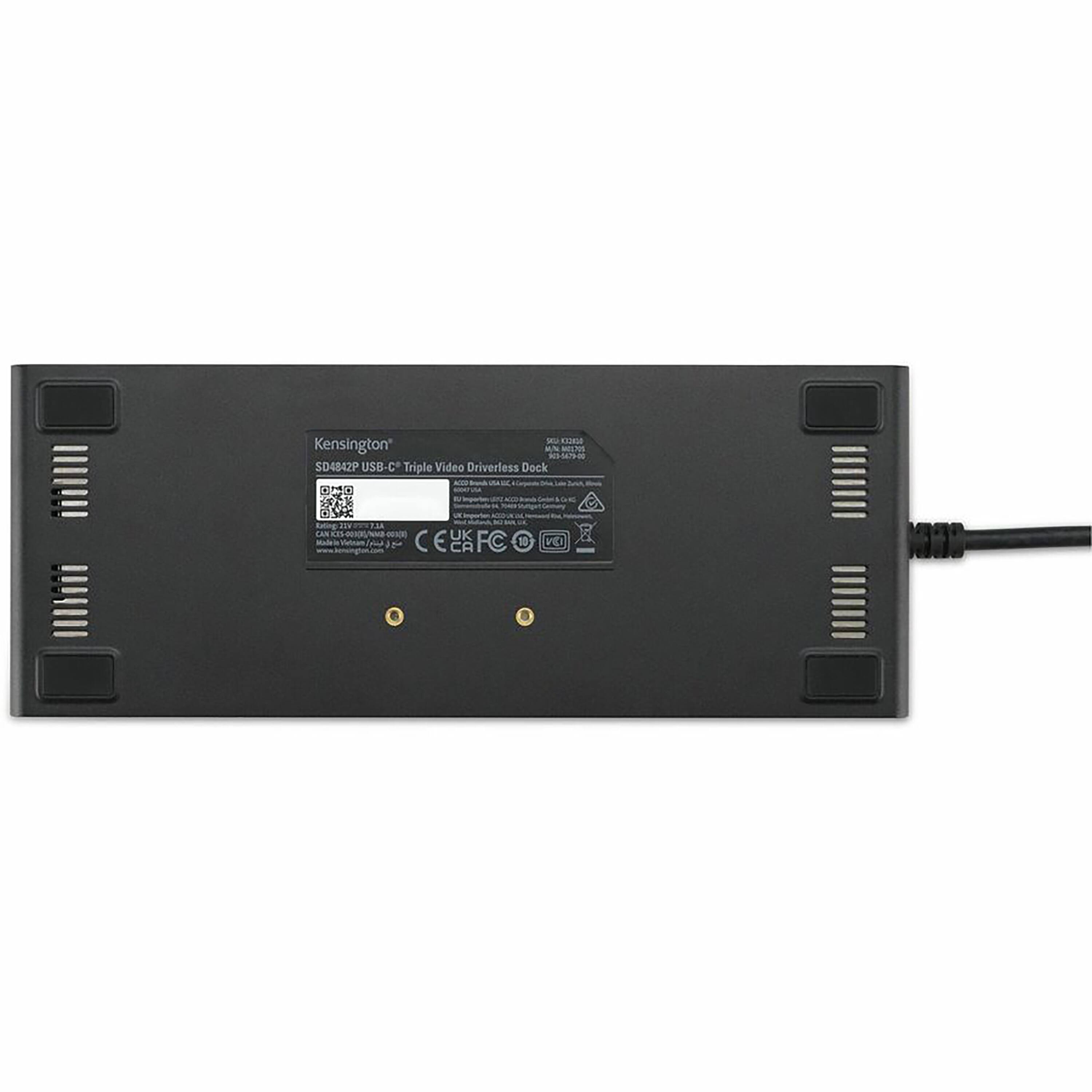 The text on the image reads: "Kensington N-T M SD4842P USB-C Triple Video Driverless Dock - a List C Bng aN LAN - - - 1.04 - UK te C E CA FC VEI A."