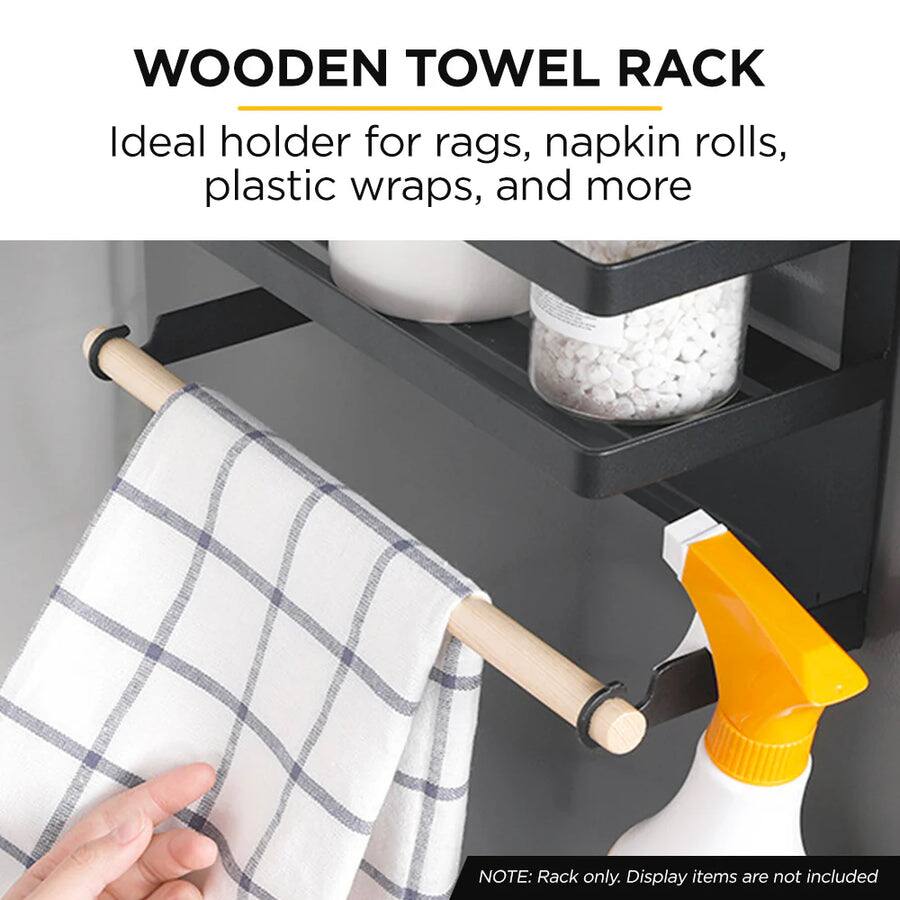 WOODEN TOWEL RACK

Ideal holder for rags, napkin rolls, plastic wraps, and more

NOTE: Rack only. Display items are not included