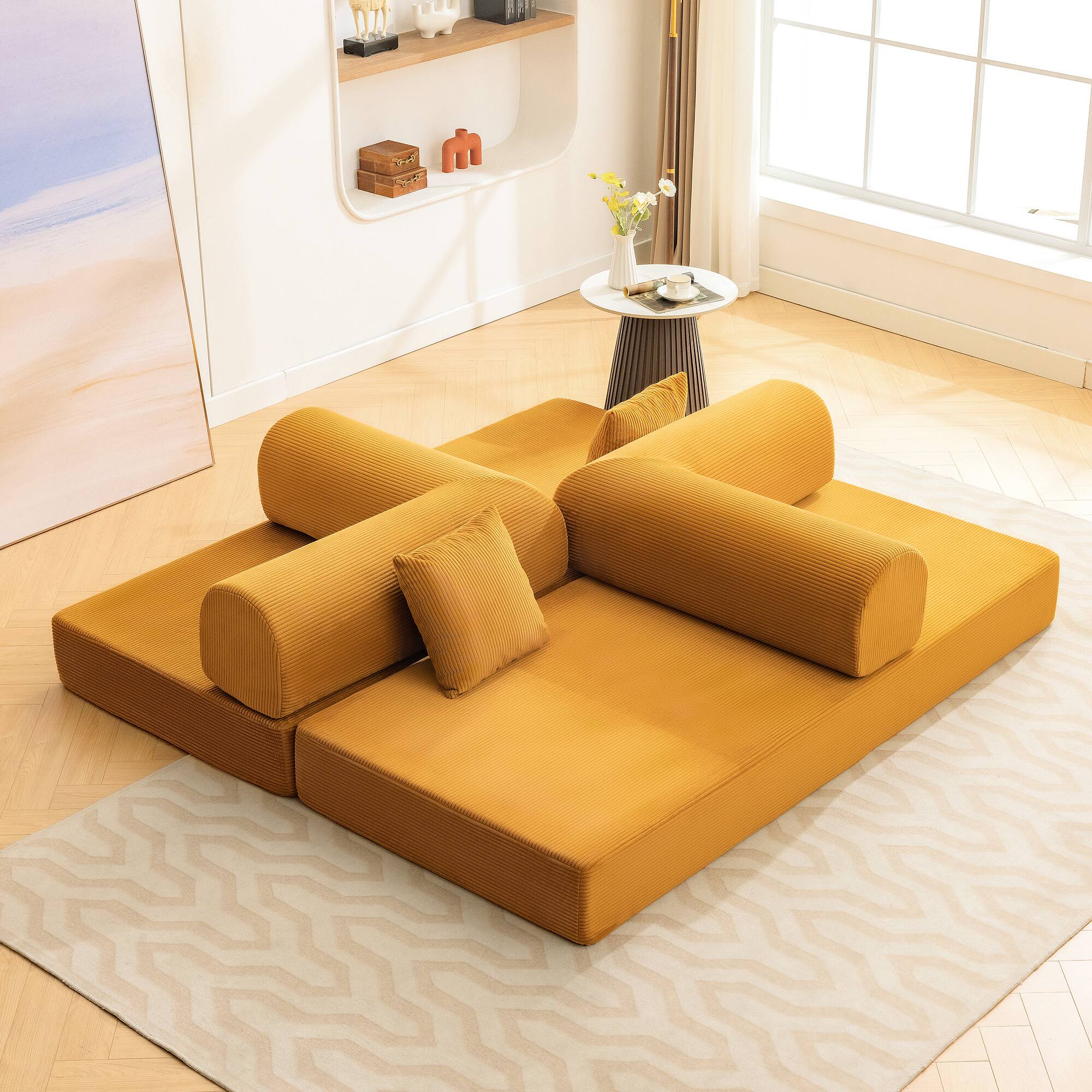 Left. Brick Attic - 4-in-1 Folding Convertible Floor Sofa Bed, 78 Inch Oversized Modern Fabric Boneless Couch for Living Room Bedroom Lounge - Ginger.