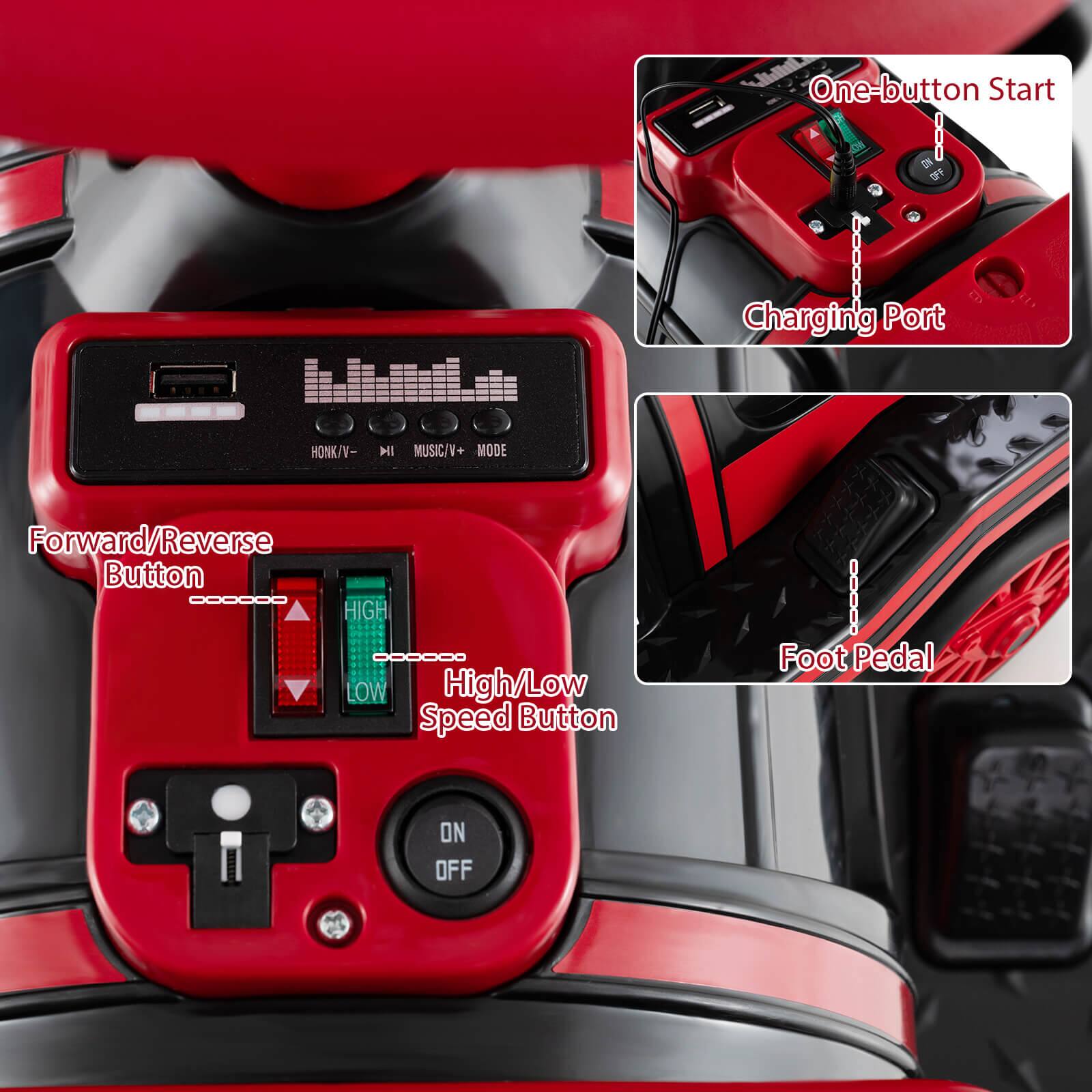 One-button Start  
Charging Port  
Forward/Reverse Button  
High/Low Speed Button  
Foot Pedal  
HONK/V-  
MUSIC/V+  
MODE  
ON  
OFF