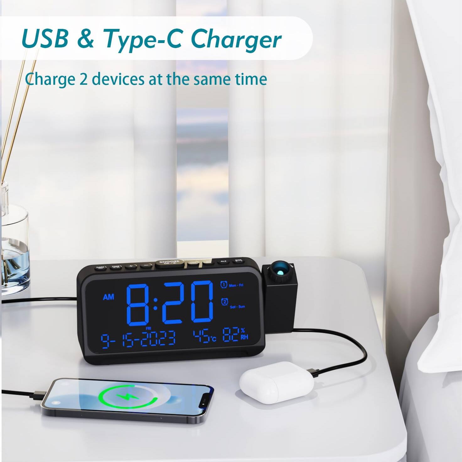 USB & Type-C Charger  
Charge 2 devices at the same time  

AM 8:20  
9-15-2023  
45°C 82% RH