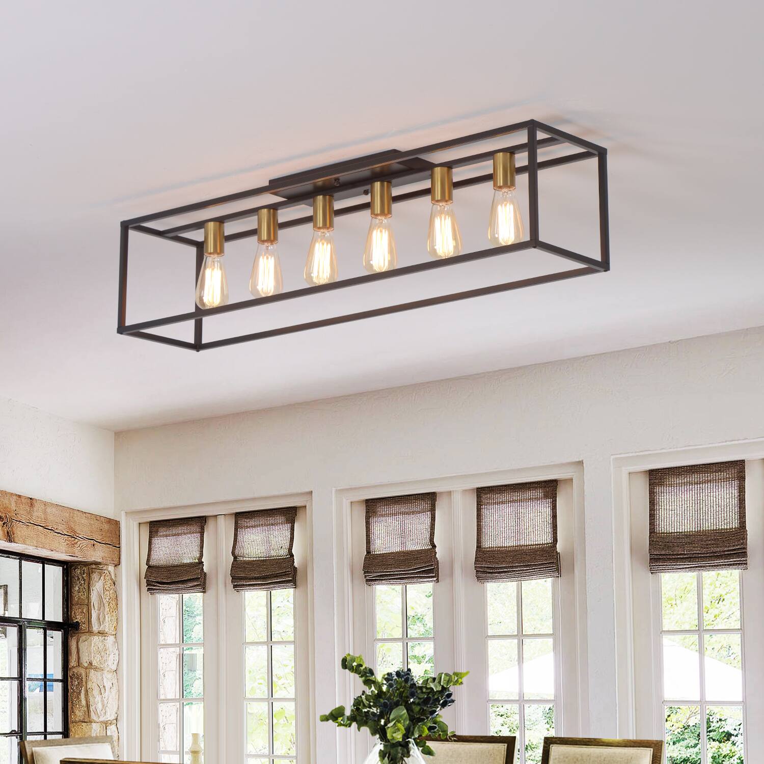 Back. Umeiluce - 6 Lights Island Ceiling Flush Mount Light Cage Farmhouse Vintagle style for Dinning Room Asile Black and Brass Finsh - Black and Brass.