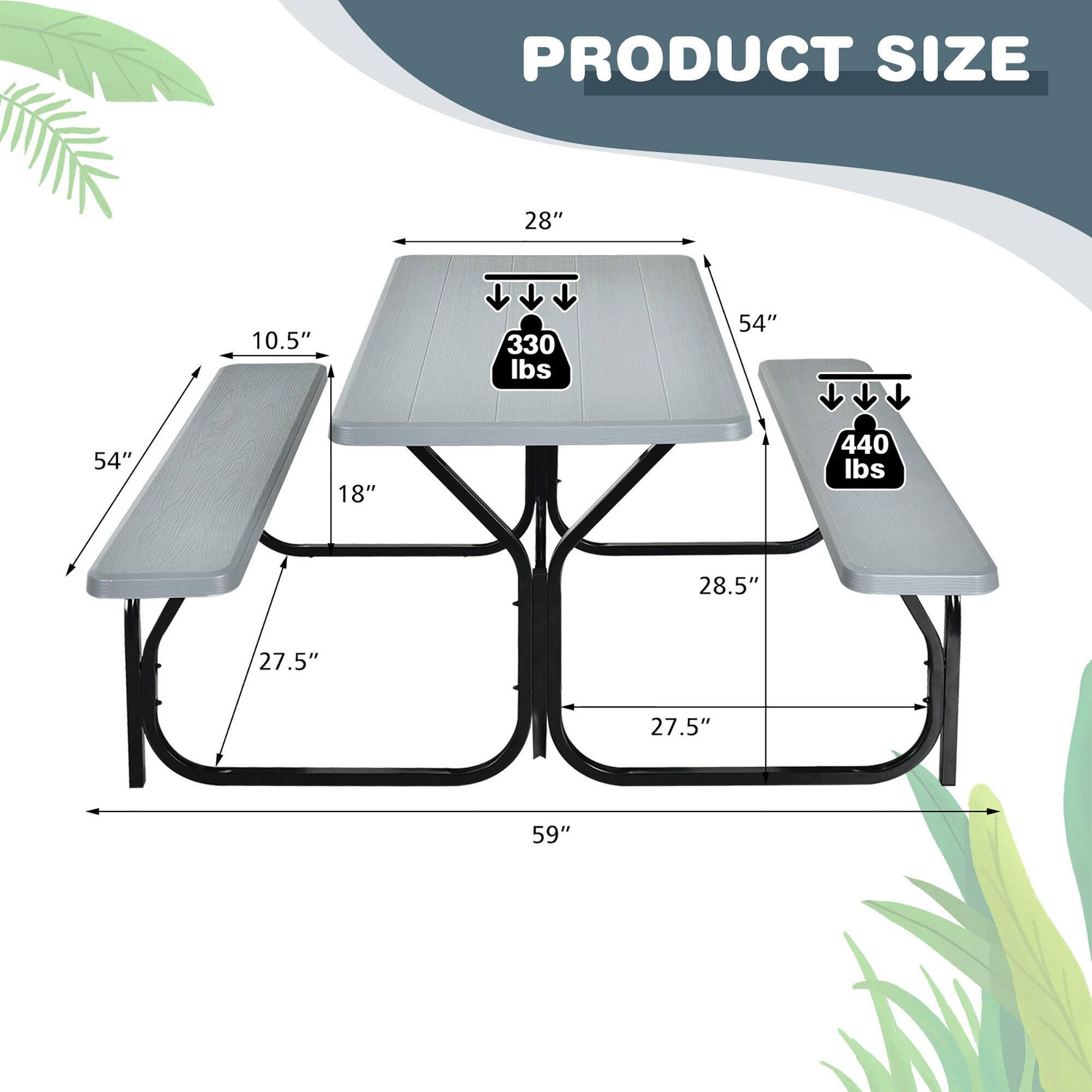 PRODUCT SIZE

- Tabletop: 54" x 28"
- Tabletop Height: 28.5"
- Tabletop Weight Capacity: 330 lbs
- Bench Length: 54"
- Bench Height: 18"
- Bench Seat Depth: 10.5"
- Bench Seat Width: 27.5"
- Overall Width: 59"
- Overall Depth: 27.5"
- Bench Weight Capacity: 440 lbs
