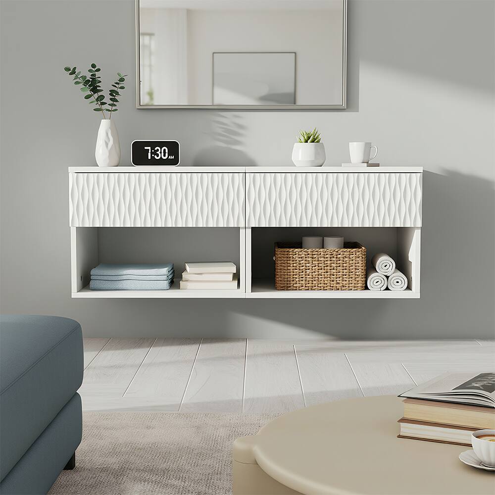 Alt View 1. Spaco - Spaco Set of 2 Wall-Mounted Nightstands, Floating Bedside Cabinet with Drawer, Open Shelf and Carved Surface for Bedroom - White.