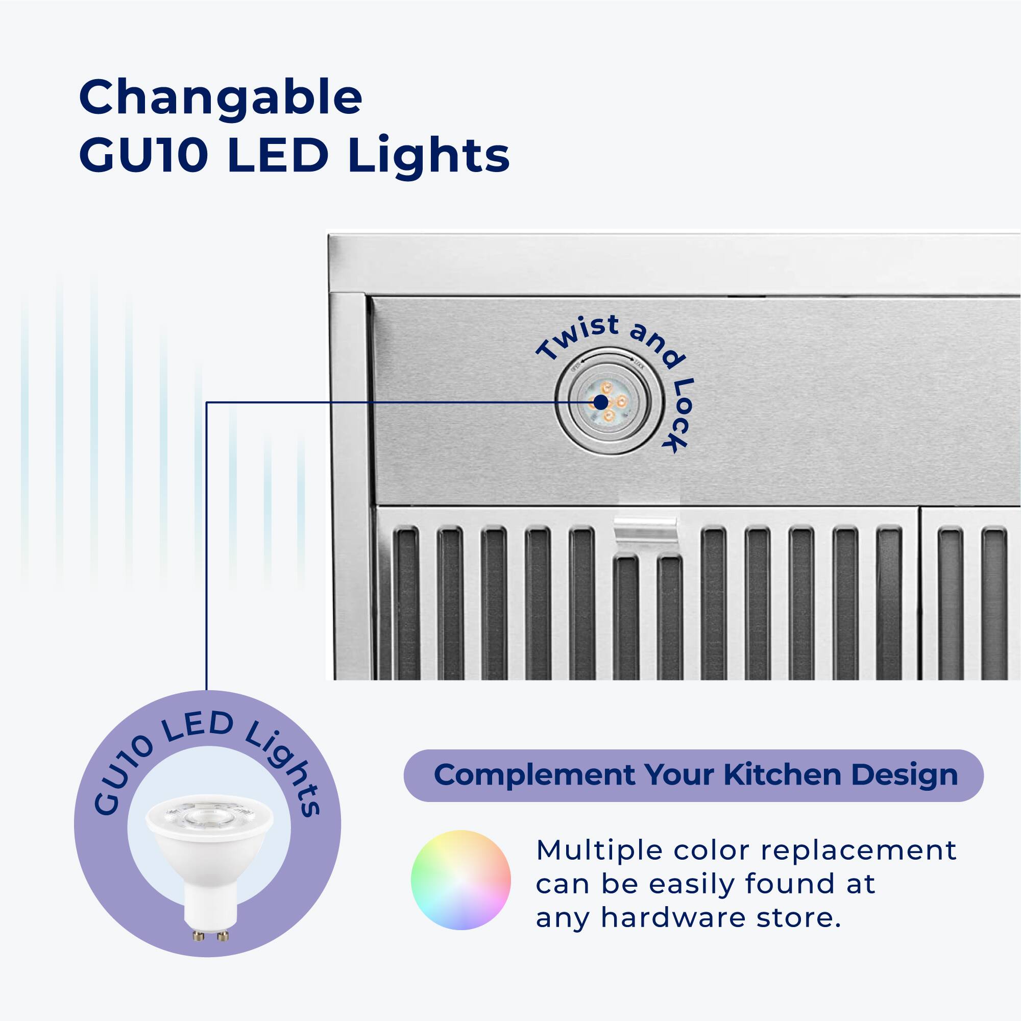 Changable GU10 LED Lights  
Twist and LOCK  
GU10 LED Lights  
Complement Your Kitchen Design  
Multiple color replacement can be easily found at any hardware store.