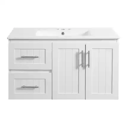 Front. Boyel Living - 36 Inch Wall Mounted Bathroom Vanity with Ceramic Sink White - White.
