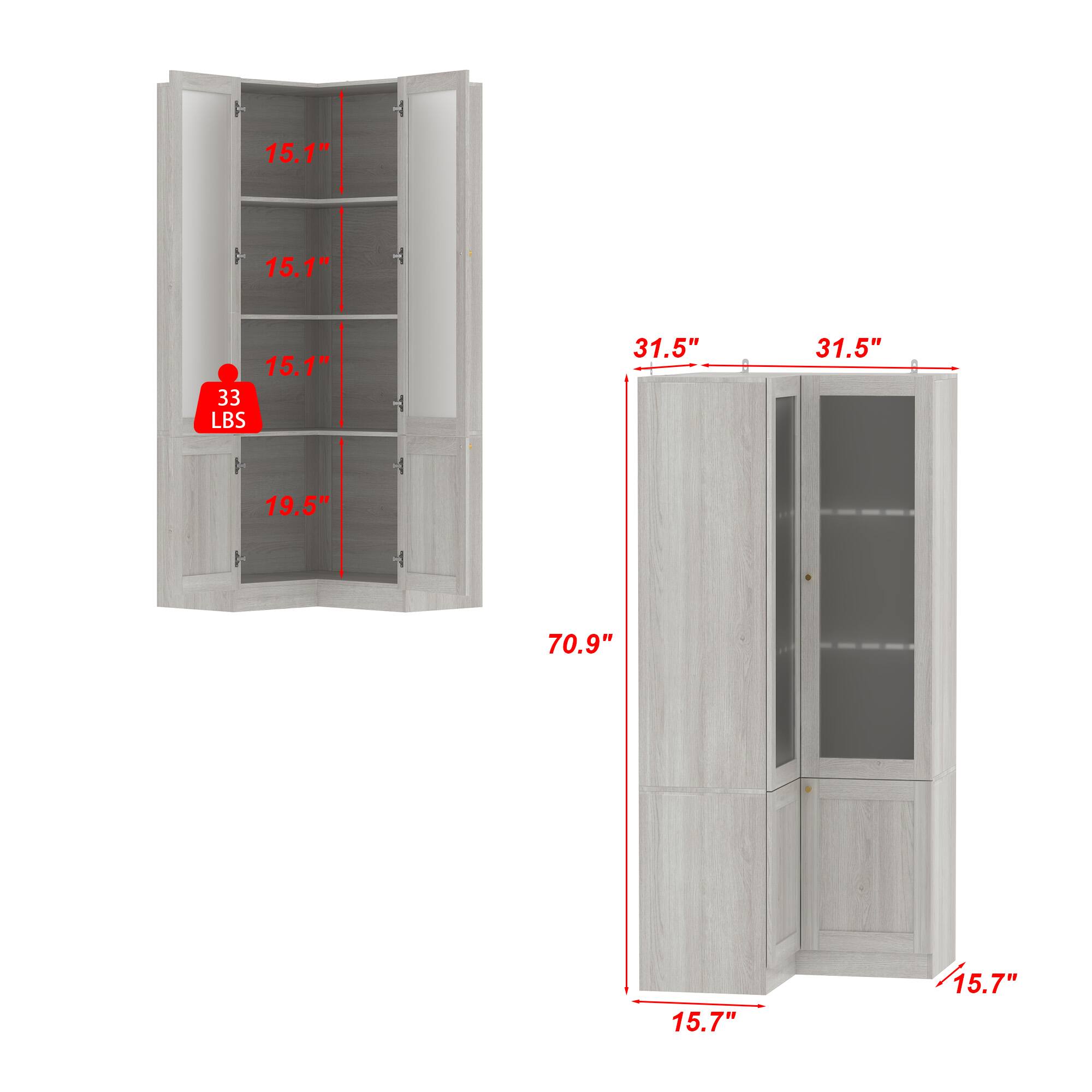 - Height: 70.9"
- Width: 31.5"
- Depth: 15.7"
- Shelf Height: 15.1" (x3)
- Shelf Depth: 19.5"
- Weight Capacity: 33 LBS