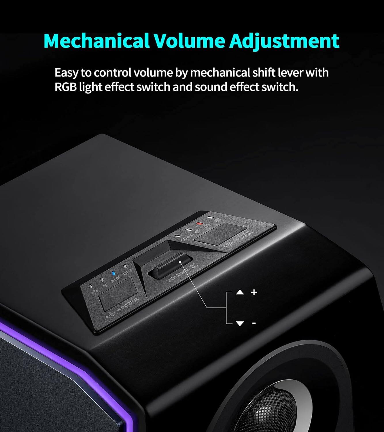 Mechanical Volume Adjustment: Easy to control volume by mechanical shift lever with RGB light effect switch and sound effect switch.