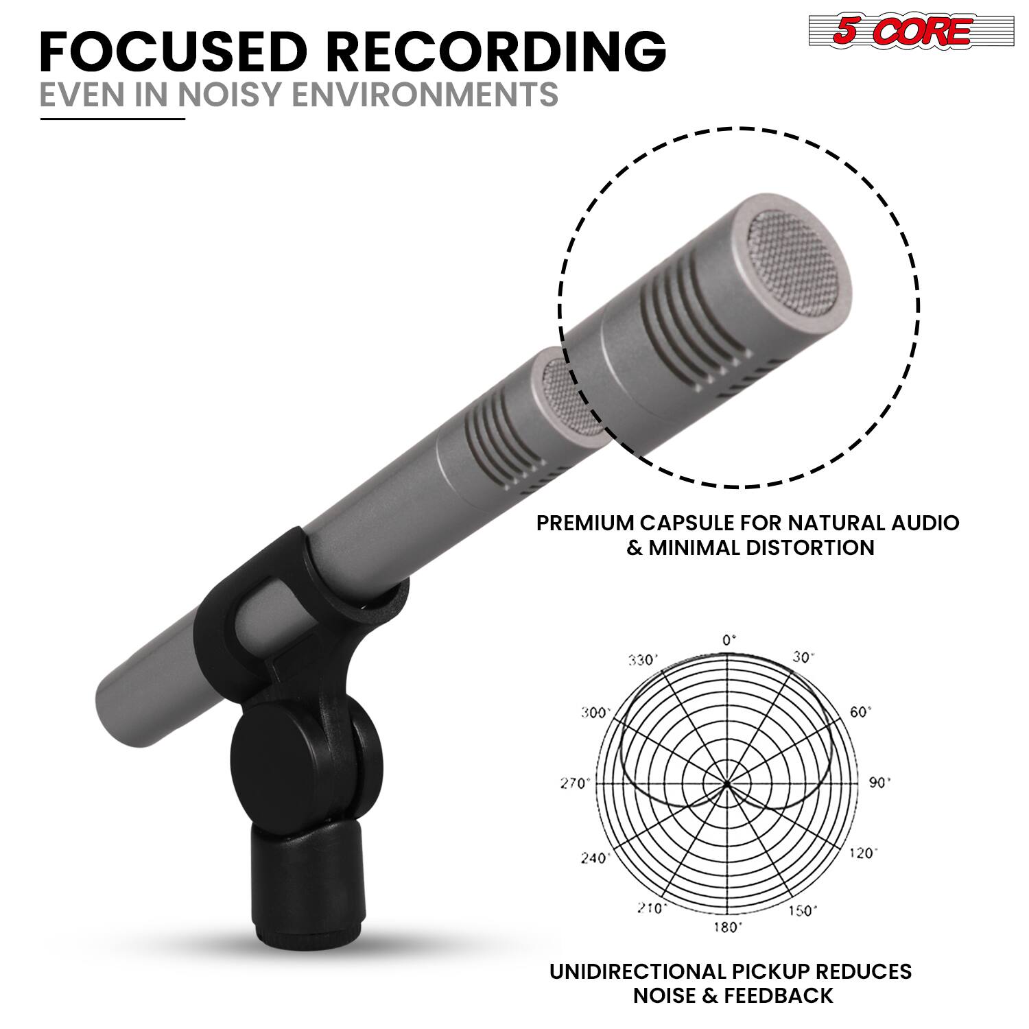 FOCUSED RECORDING  
EVEN IN NOISY ENVIRONMENTS  

5 CORE PREMIUM CAPSULE FOR NATURAL AUDIO & MINIMAL DISTORTION  

UNIDIRECTIONAL PICKUP REDUCES NOISE & FEEDBACK