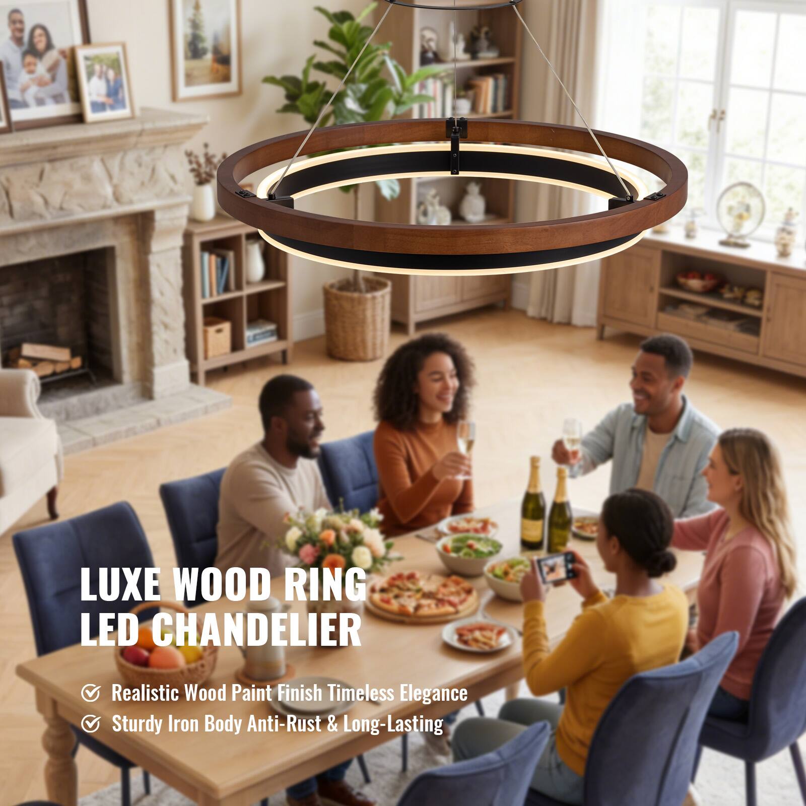 LUXE WOOD RING LED CHANDELIER

- Realistic Wood Paint Finish
- Timeless Elegance
- Sturdy Iron Body
- Anti-Rust & Long-Lasting