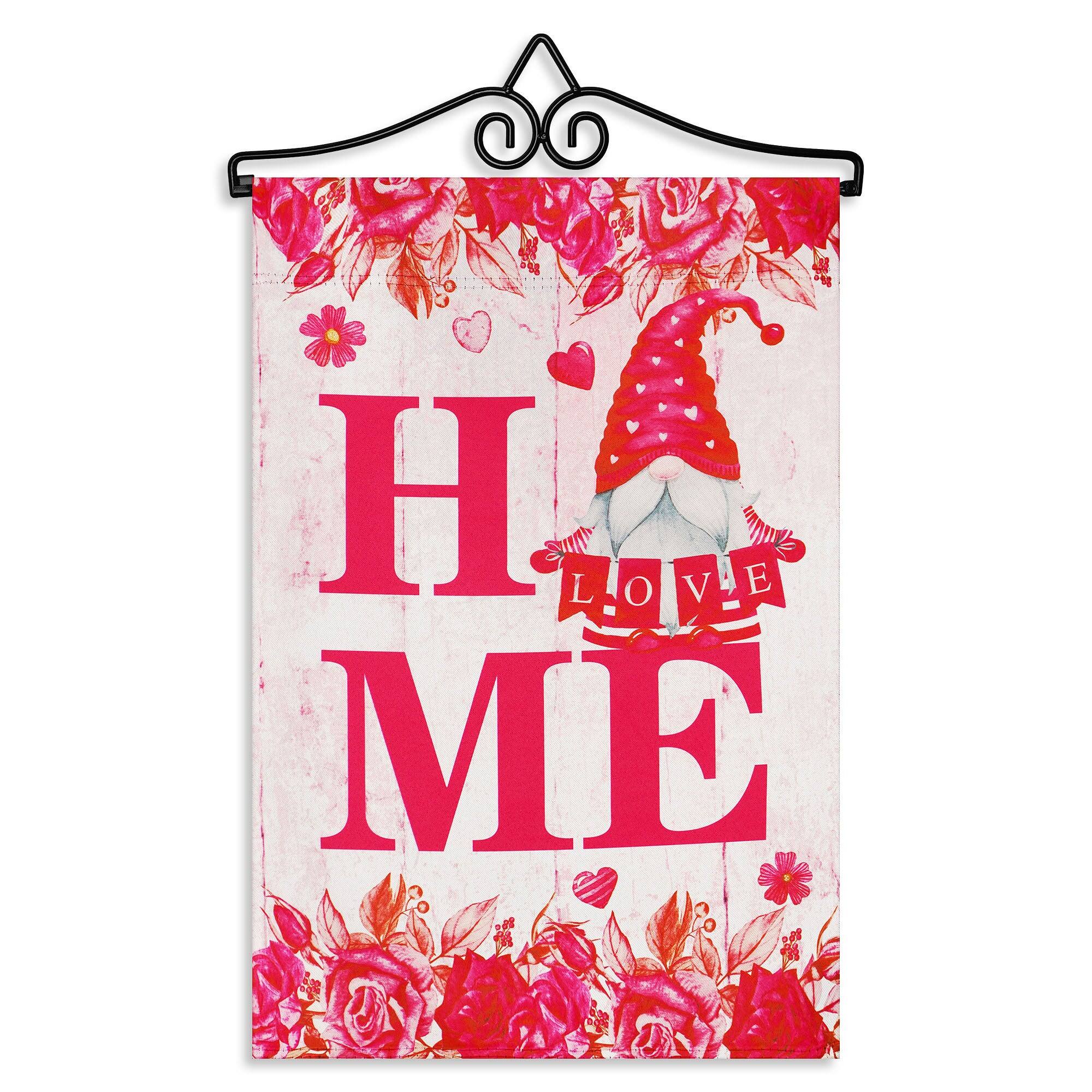 Front. G128 - Garden Flag Hanger 14in with 12x18in Double-Sided Blockout Valentine's Day Gnome Flag. - Pink.