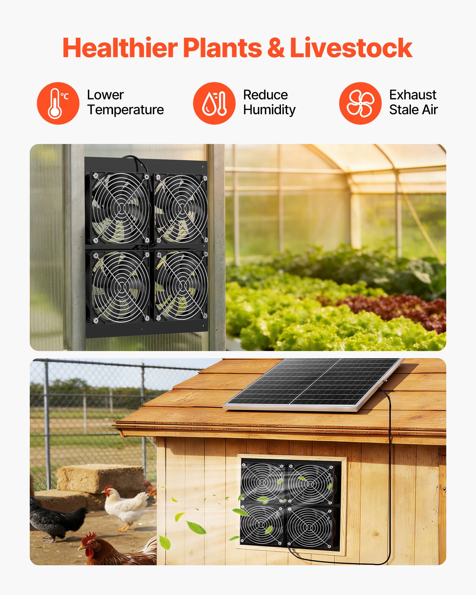 Healthier Plants & Livestock

- Lower Temperature
- Reduce Humidity
- Exhaust Stale Air