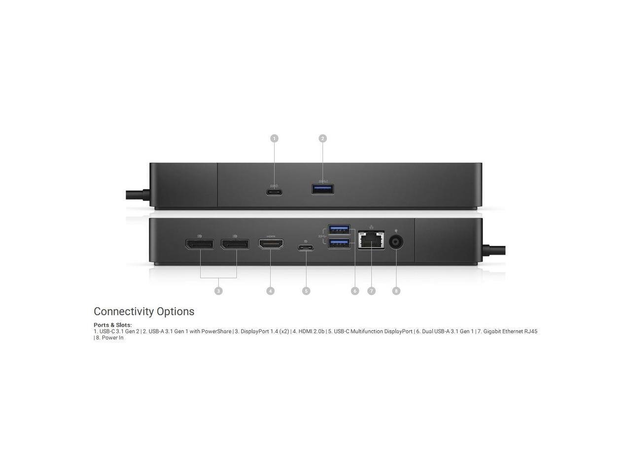 Connectivity Options

Ports & Slots:
1. USB-C 3.1 Gen 2
2. USB-A 3.1 Gen 1 with PowerShare
3. DisplayPort 1.4 (x2)
4. HDMI 2.0b
5. USB-C Multifunction DisplayPort
6. Dual USB-A 3.1 Gen 1
7. Gigabit Ethernet RJ45
8. Power In