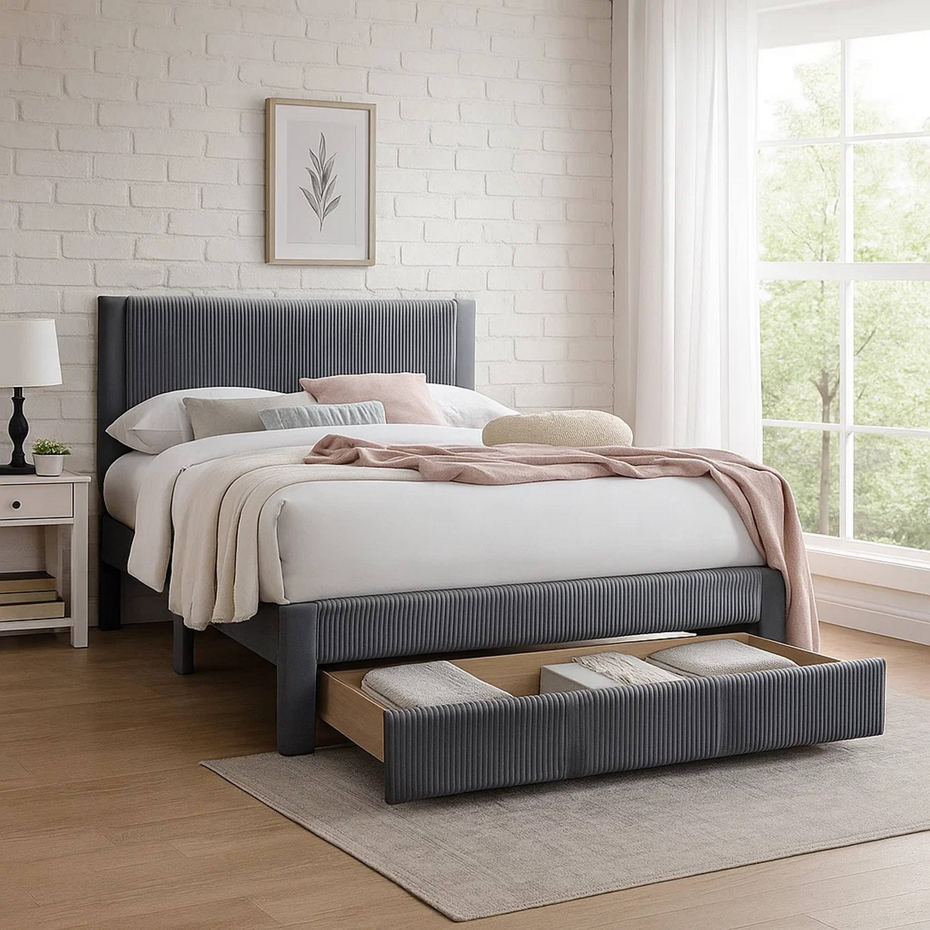 Alt View 3. Manhattan Lane - Daisy Full Bed w Drawer, Dark Gray Corduroy Upholstery, Foam Headboard - Dark Gray.
