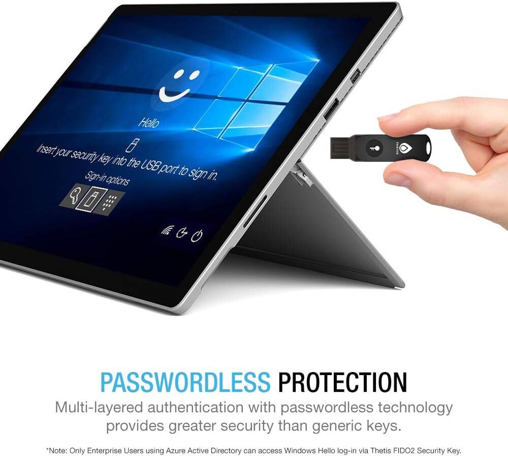 Hello, insert your security key into the USB port to sign in.

PASSWORDLESS PROTECTION  
Multi-layered authentication with passwordless technology provides greater security than generic keys.

*Note: Only Enterprise Users using Azure Active Directory can access Windows Hello log-in via Thetis FIDO2 Security Key.