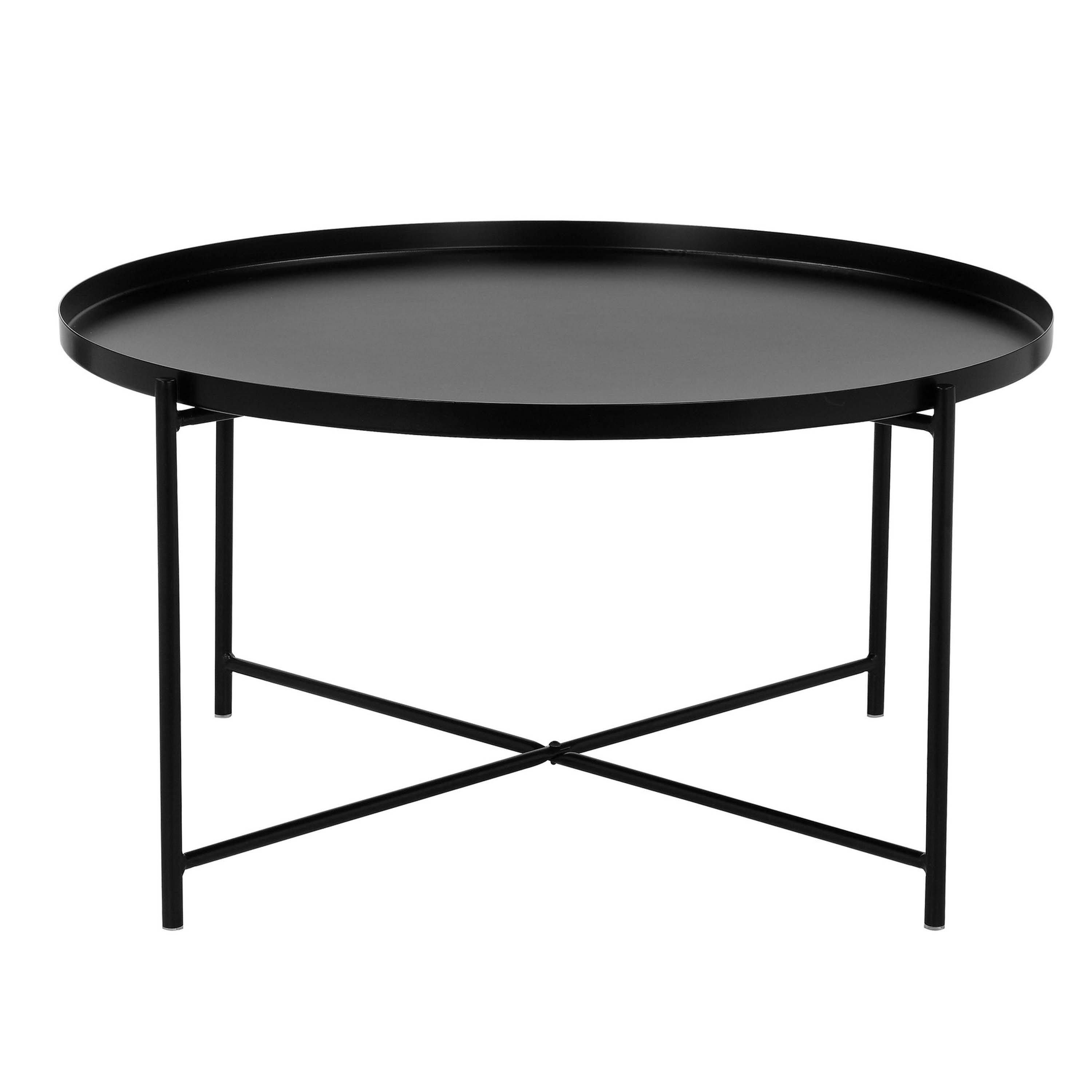 Angle. Manhattan Lane - Ely 33 Inch Coffee Table, Round Tray Top, Cross Base, Metal Finish - Black.