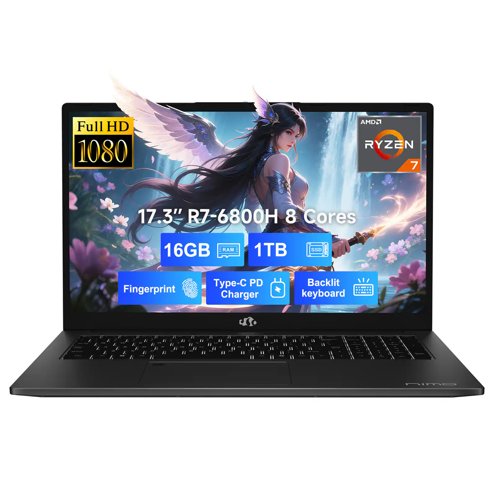 NIMO - 17.3" IPS FHD-Gaming-Laptop, 8 Cores AMD Ryzen 7 6800H 16GB DDR5 RAM 1TB SSD 4.7GHz Fingerprint 100W - Black