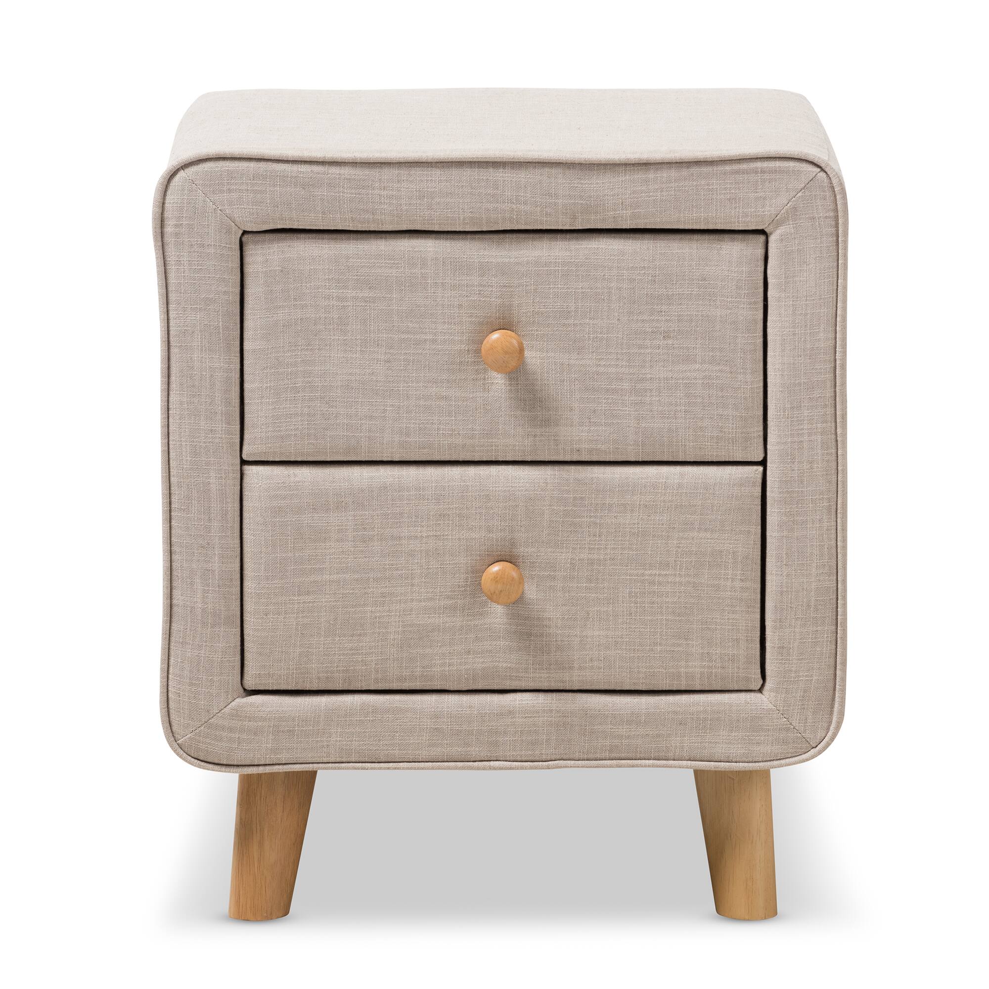 Angle. Baxton Studio - Jonesy Mid-Century Linen Upholstered 2-Drawer Nightstand - Beige.