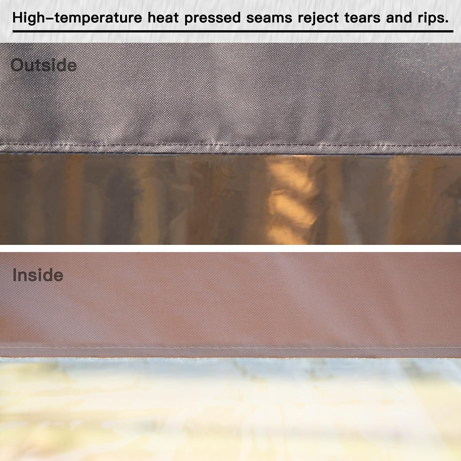 High-temperature heat pressed seams reject tears and rips.

Outside

Inside