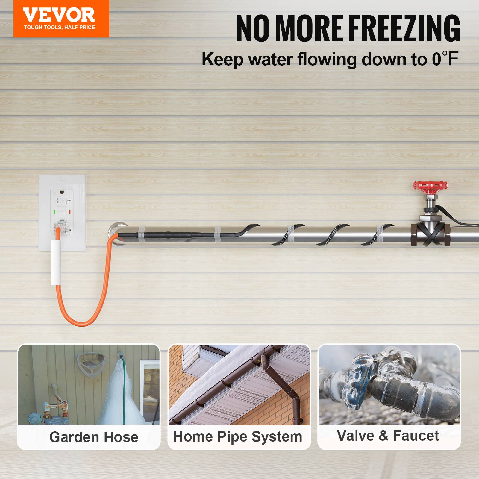 VEVOR TOUGH TOOLS. HALF PRICE. NO MORE FREEZING. Keep water flowing down to 0°F. Garden Hose Home Pipe System Valve & Faucet