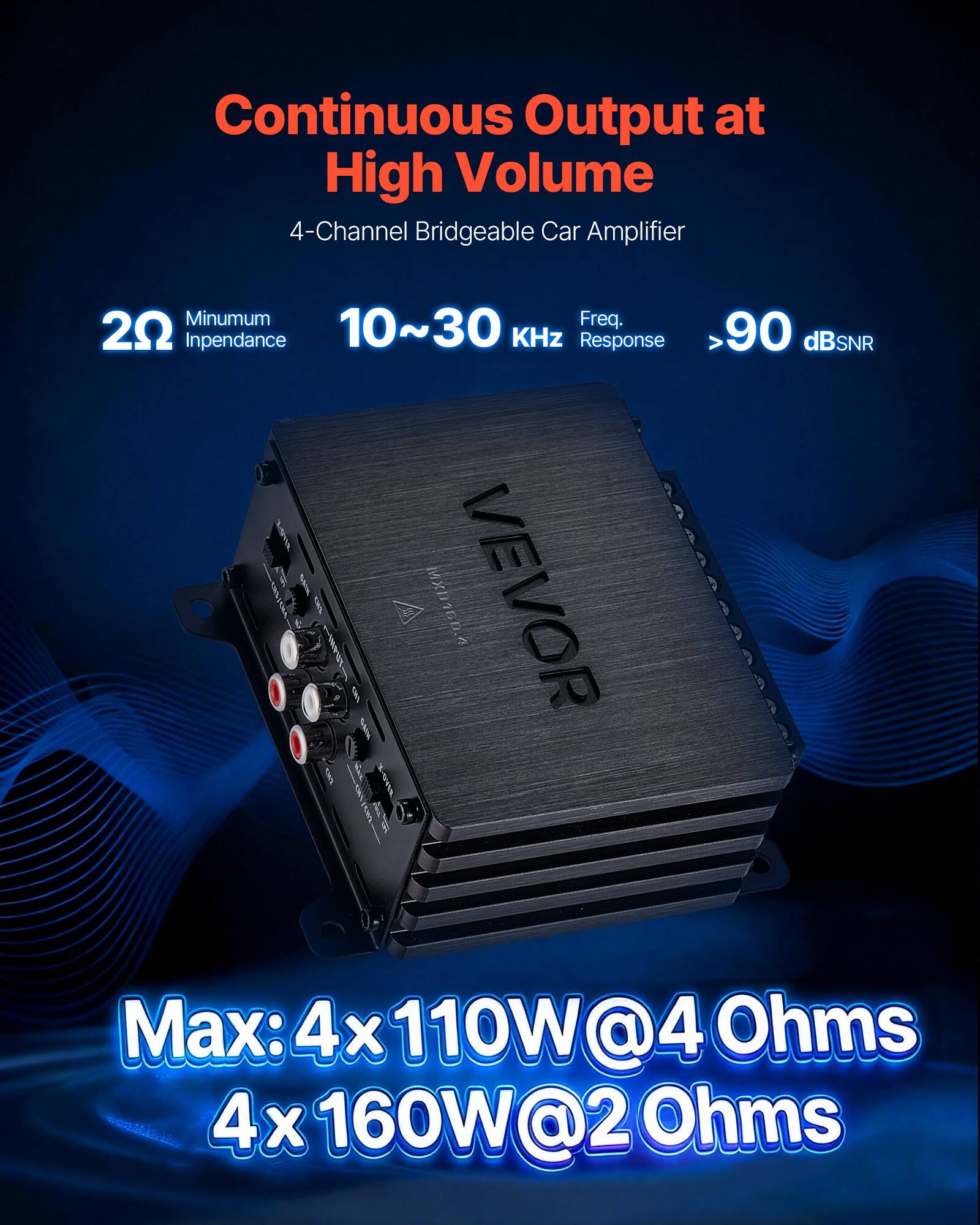 Continuous Output at High Volume  
4-Channel Bridgeable Car Amplifier  

Minimum Frequency: 20 Hz  
Impedance: 10~30 KHz  
Response: >90 dB SNR  

Max: 4x 110W @ 4 Ohms  
4x 160W @ 2 Ohms