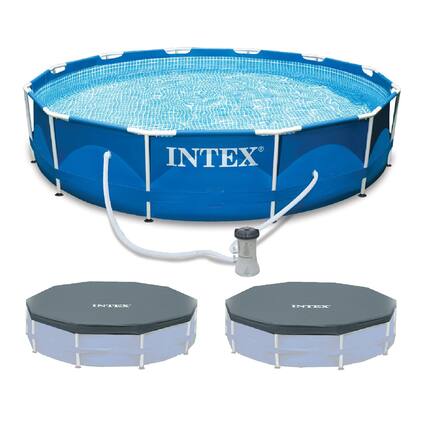 Front. Intex - Metal Frame Swimming Pool with Filter Pump & 2 Pool Debris Cover - Blue.