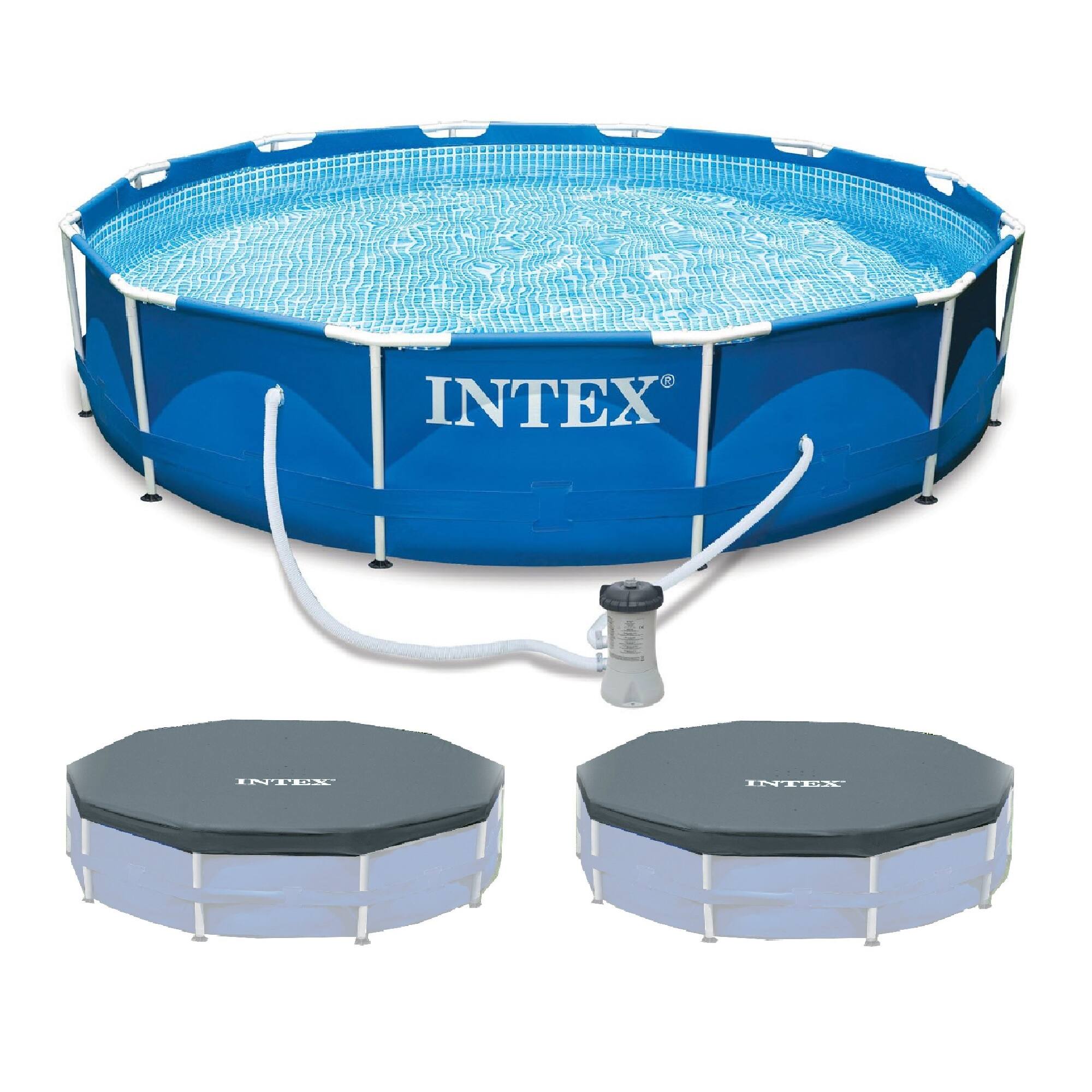 Intex - Metal Frame Swimming Pool with Filter Pump & 2 Pool Debris Cover - Blue