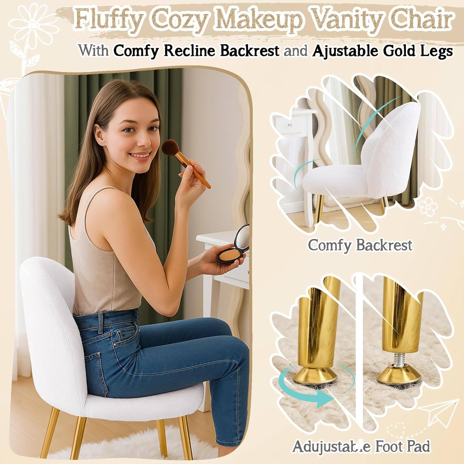 Fluffy Cozy Makeup Vanity Chair With Comfy Recline Backrest and Adjustable Gold Legs Comfy Backrest Adjustable Foot Pad