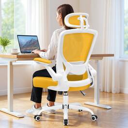 KERDOM - Ergonomic Office Chair, High Back Mesh Chair, Adjustable Lumbar Support & Headrest, Flip-up Arms, Computer Gaming Chair - Yellow