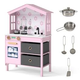 Resenkos - Kids Play Kitchen Set with 2 Stoves & Rotation Knobs - Pretend Cooking Toy - Pink