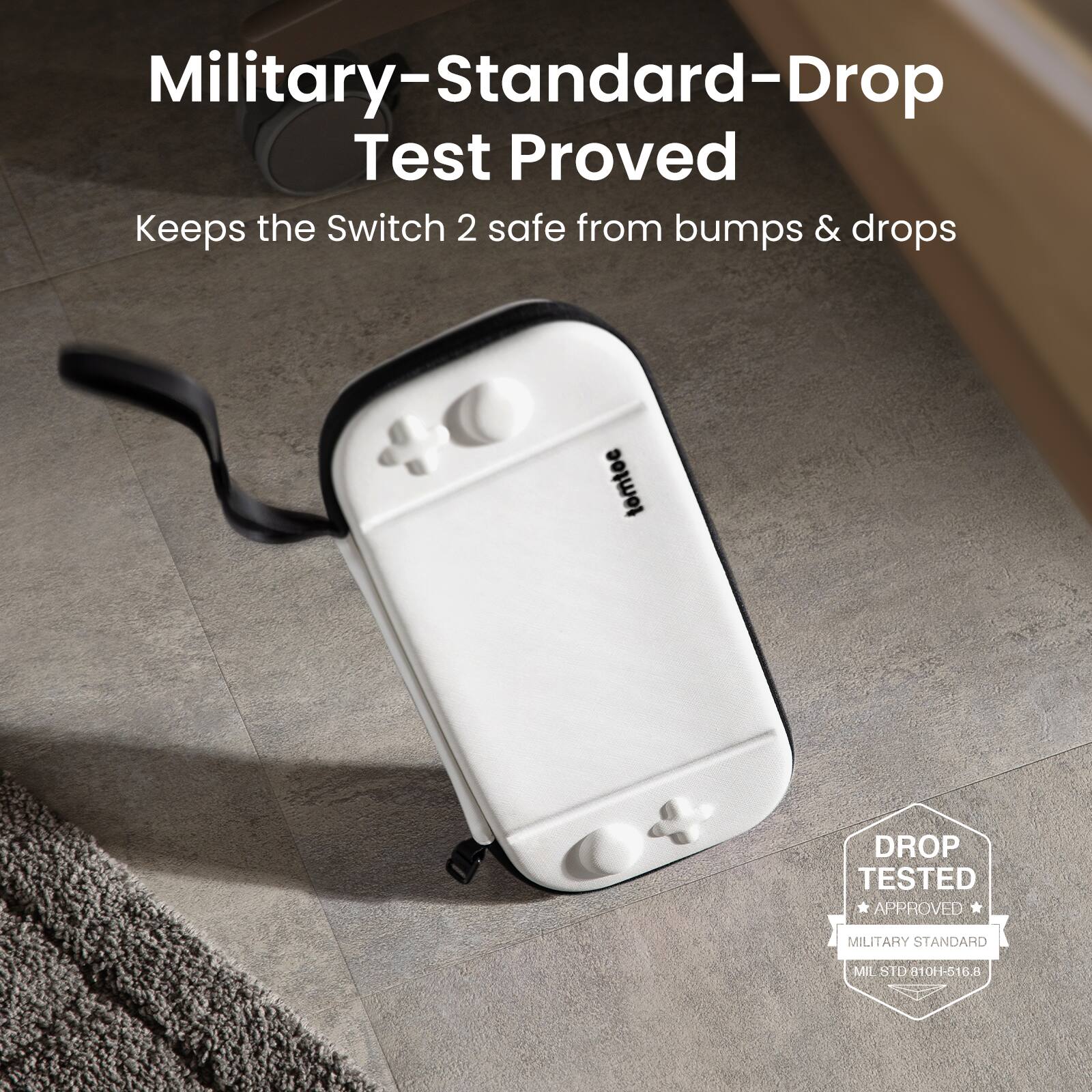 The text on the image reads: "Military-Standard-Drop Test Proved Keeps the Switch 2 safe from bumps & drops tomtoe DROP TESTED APPROVED MILITARY STANDARD 7 MIL 8TD810H-516.8."
