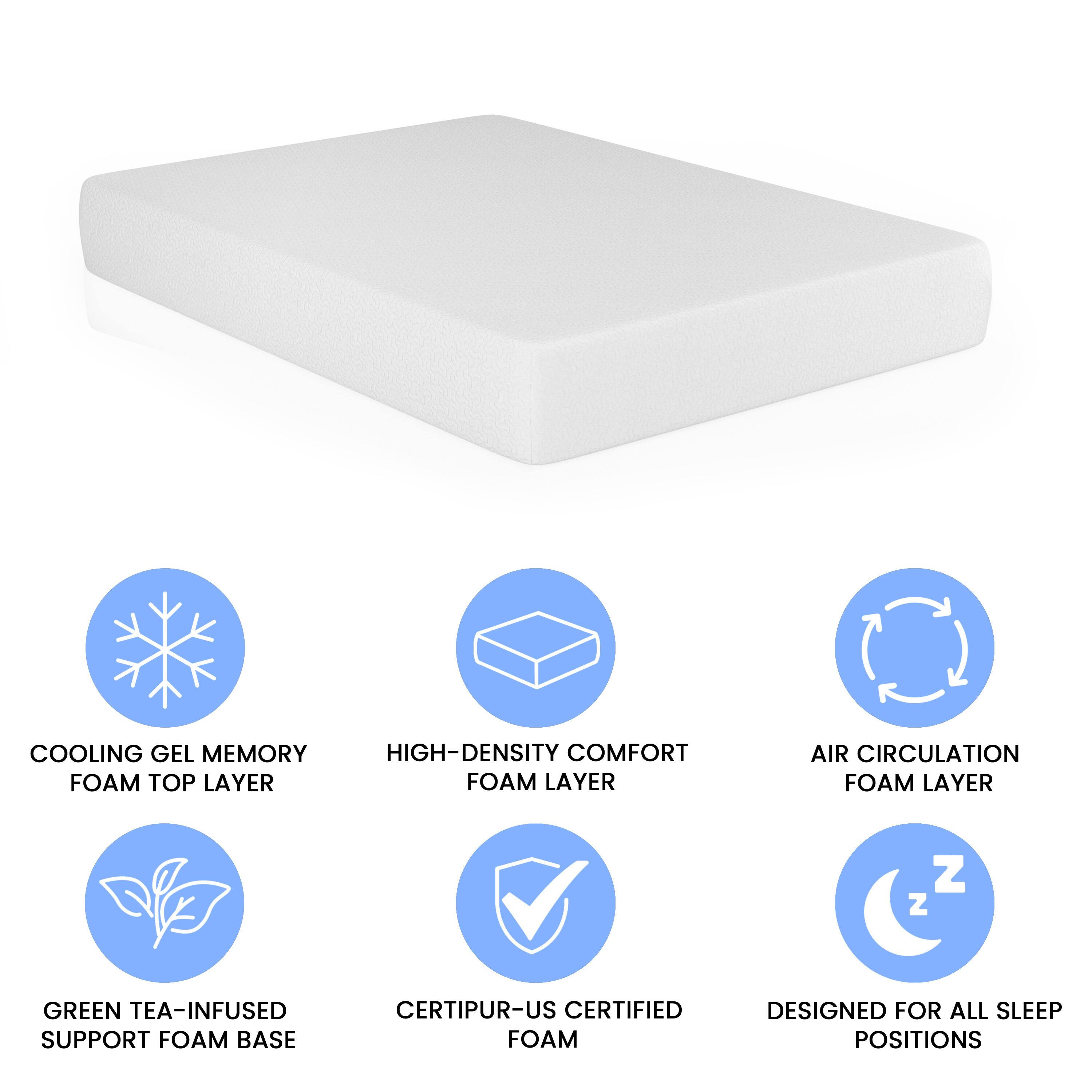COOLING GEL MEMORY FOAM TOP LAYER  
HIGH-DENSITY COMFORT FOAM LAYER  
AIR CIRCULATION FOAM LAYER  
GREEN TEA-INFUSED SUPPORT FOAM BASE  
CERTIPUR-US CERTIFIED FOAM  
DESIGNED FOR ALL SLEEP POSITIONS